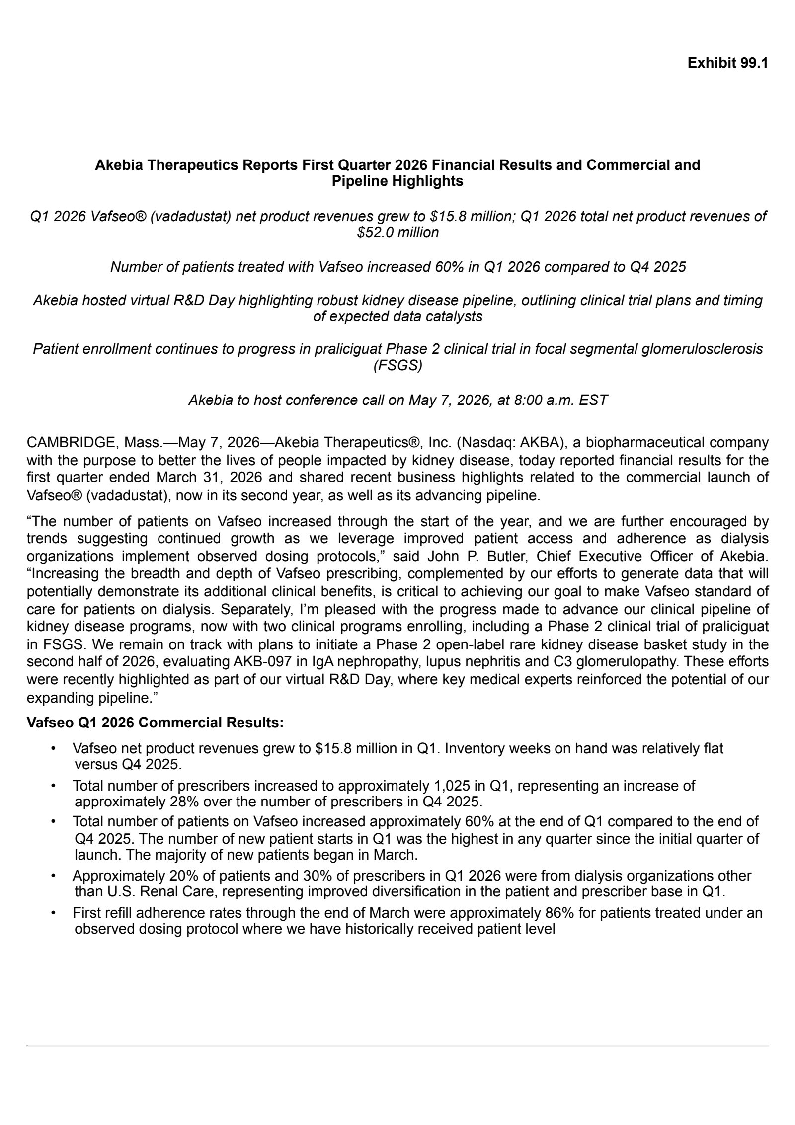 Akebia Therapeutics' Q1 2026 Press Release