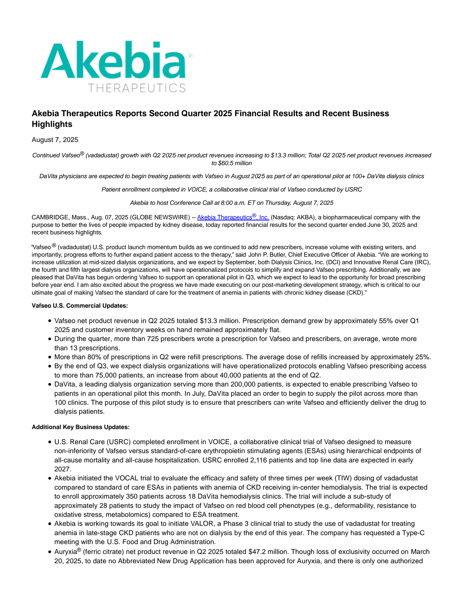 Akebia Therapeutics' Q2 2025 Press Release