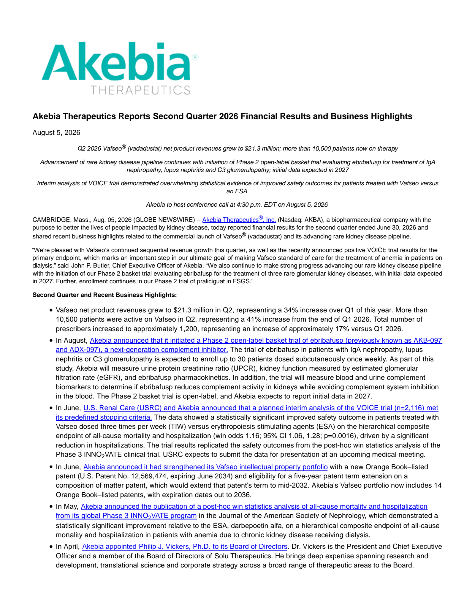 Akebia Therapeutics' Q2 2026 Press Release