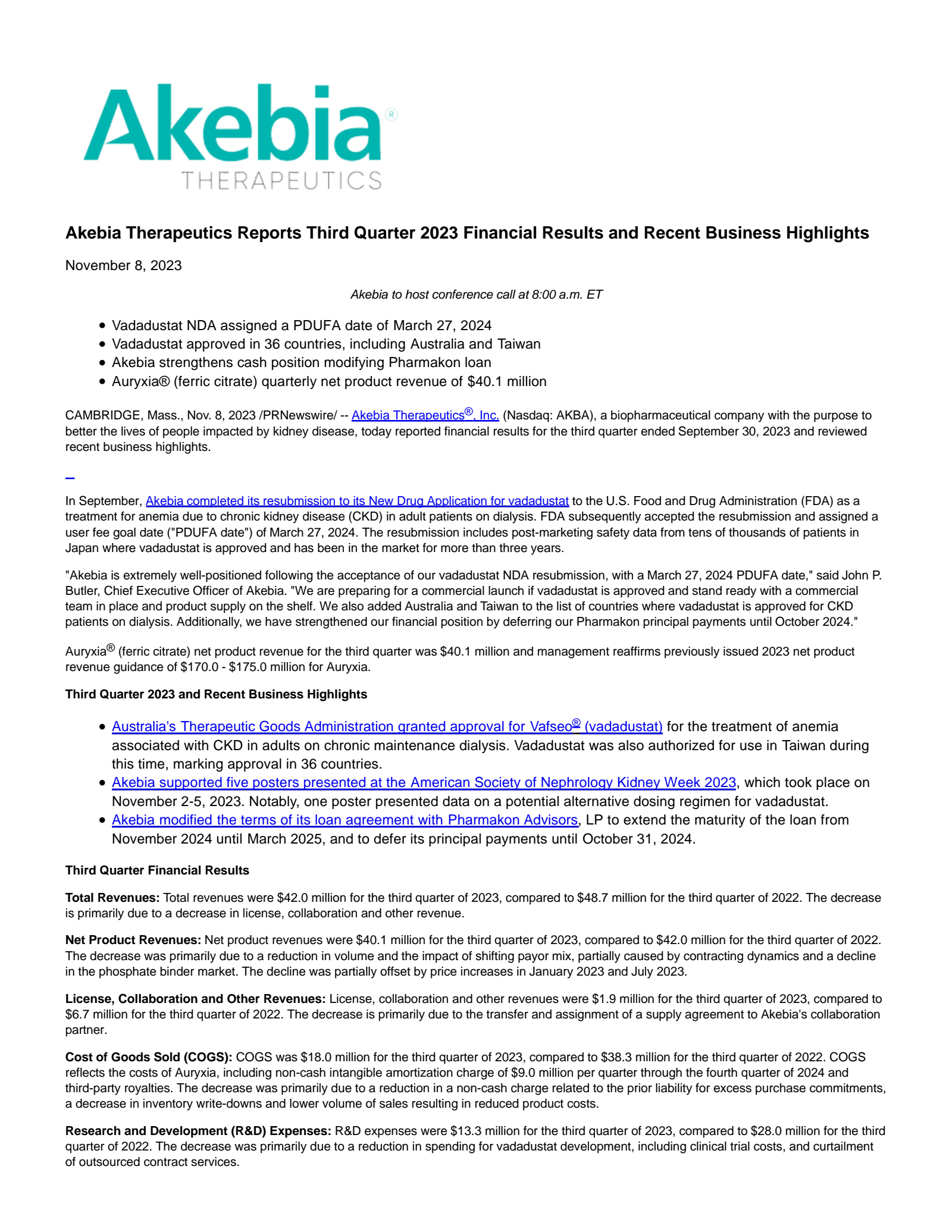 Akebia Therapeutics' Q3 2023 Press Release