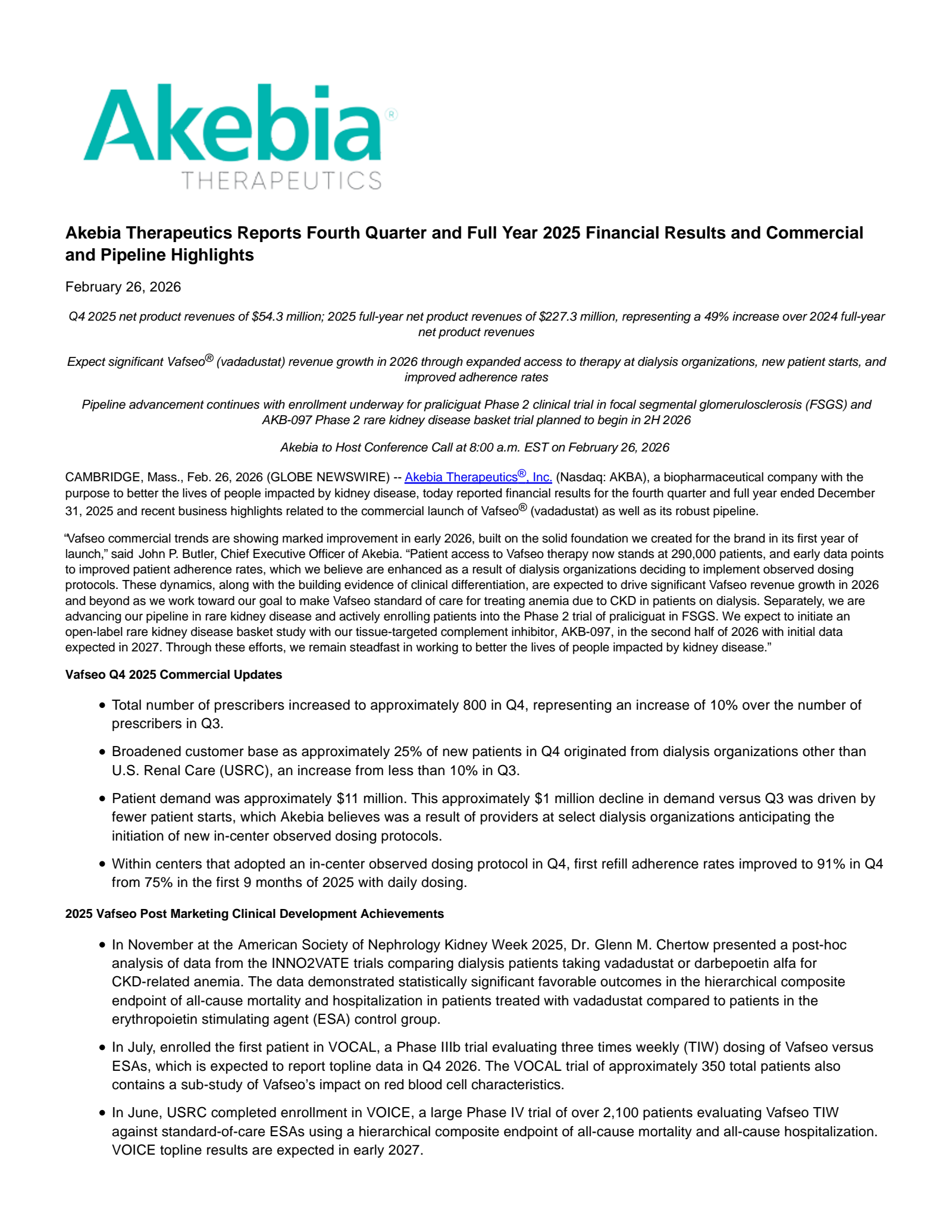 Akebia Therapeutics' Q4 2025 Press Release