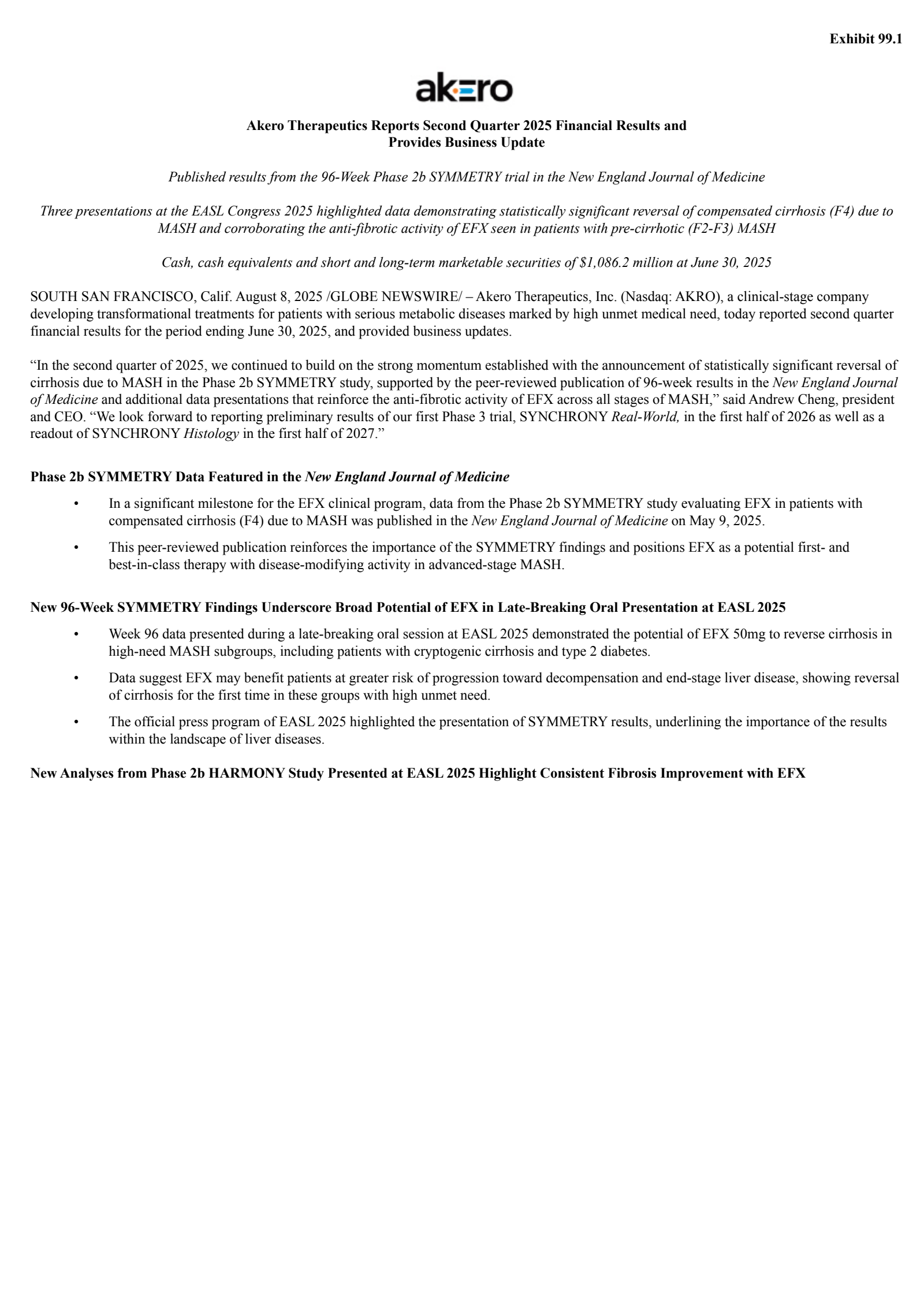 Akero Therapeutics' Q2 2025 Press Release