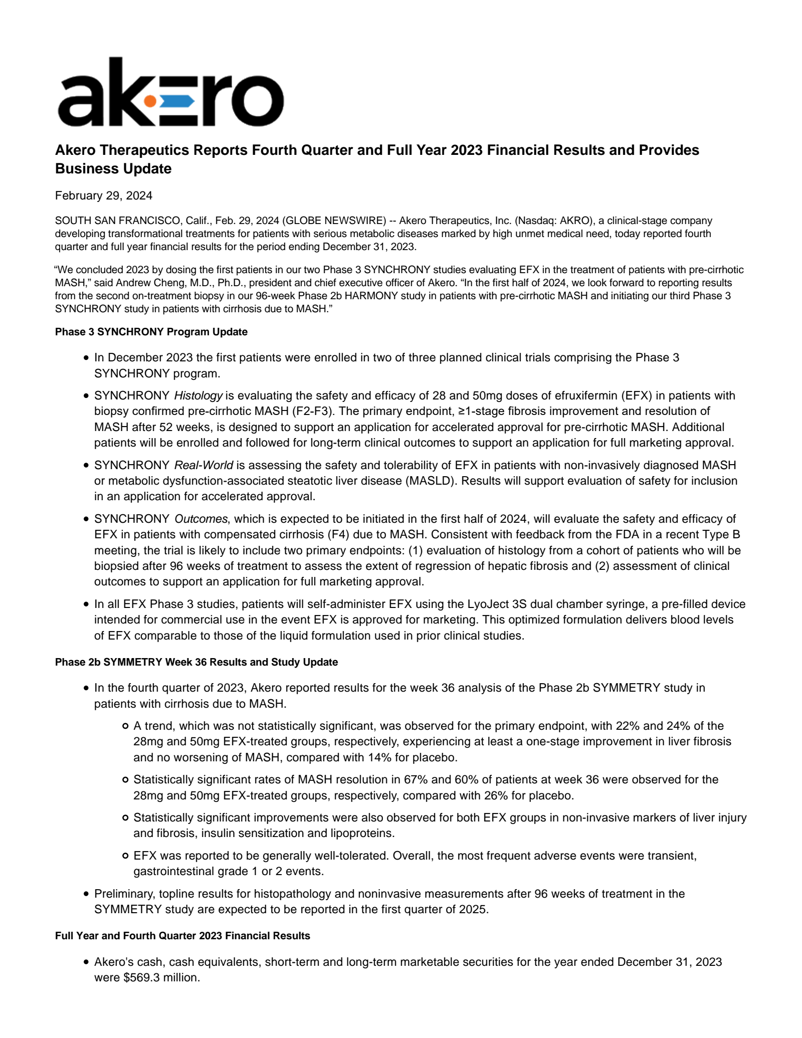 Akero Therapeutics' Q4 2023 Press Release