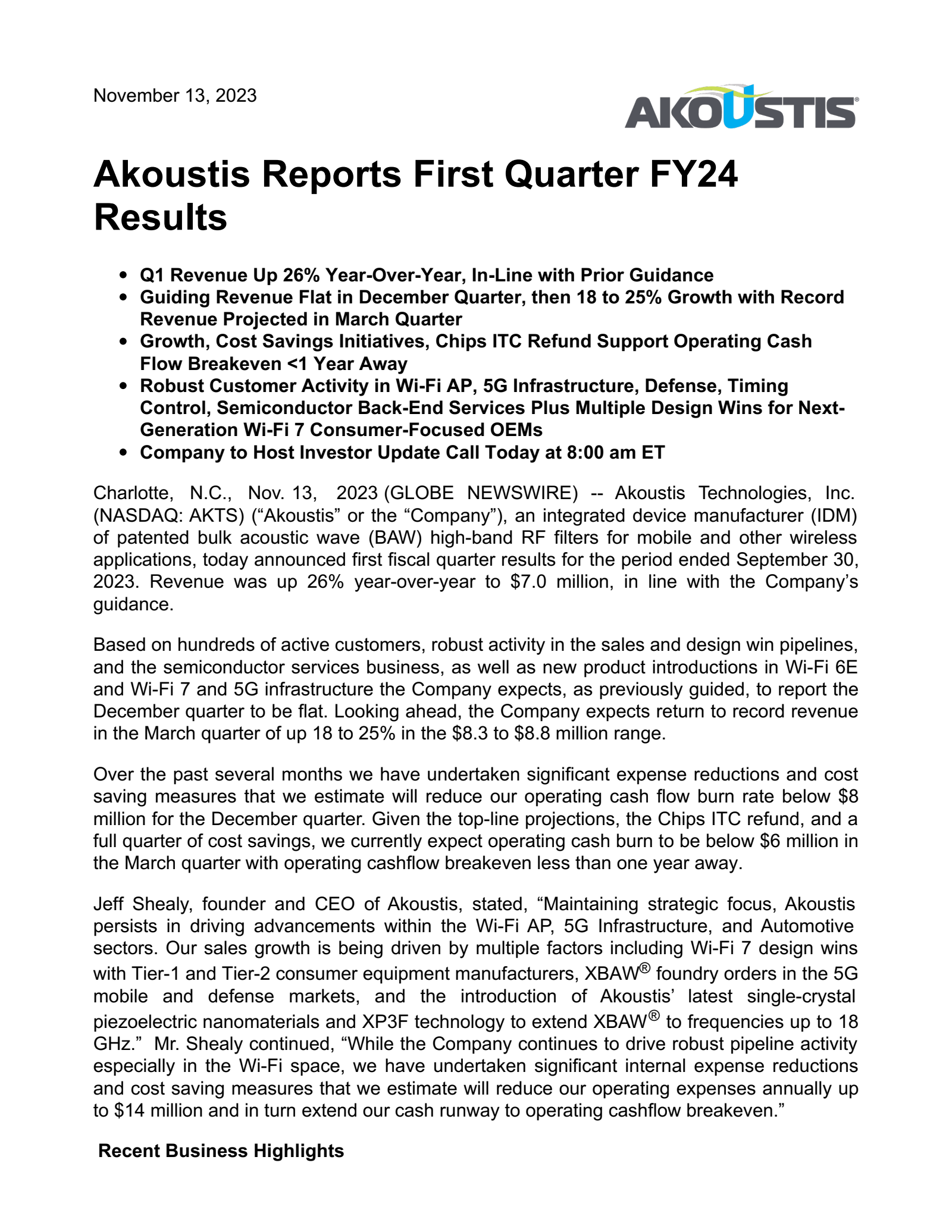 Akoustis Technologies' Q1 2024 Press Release