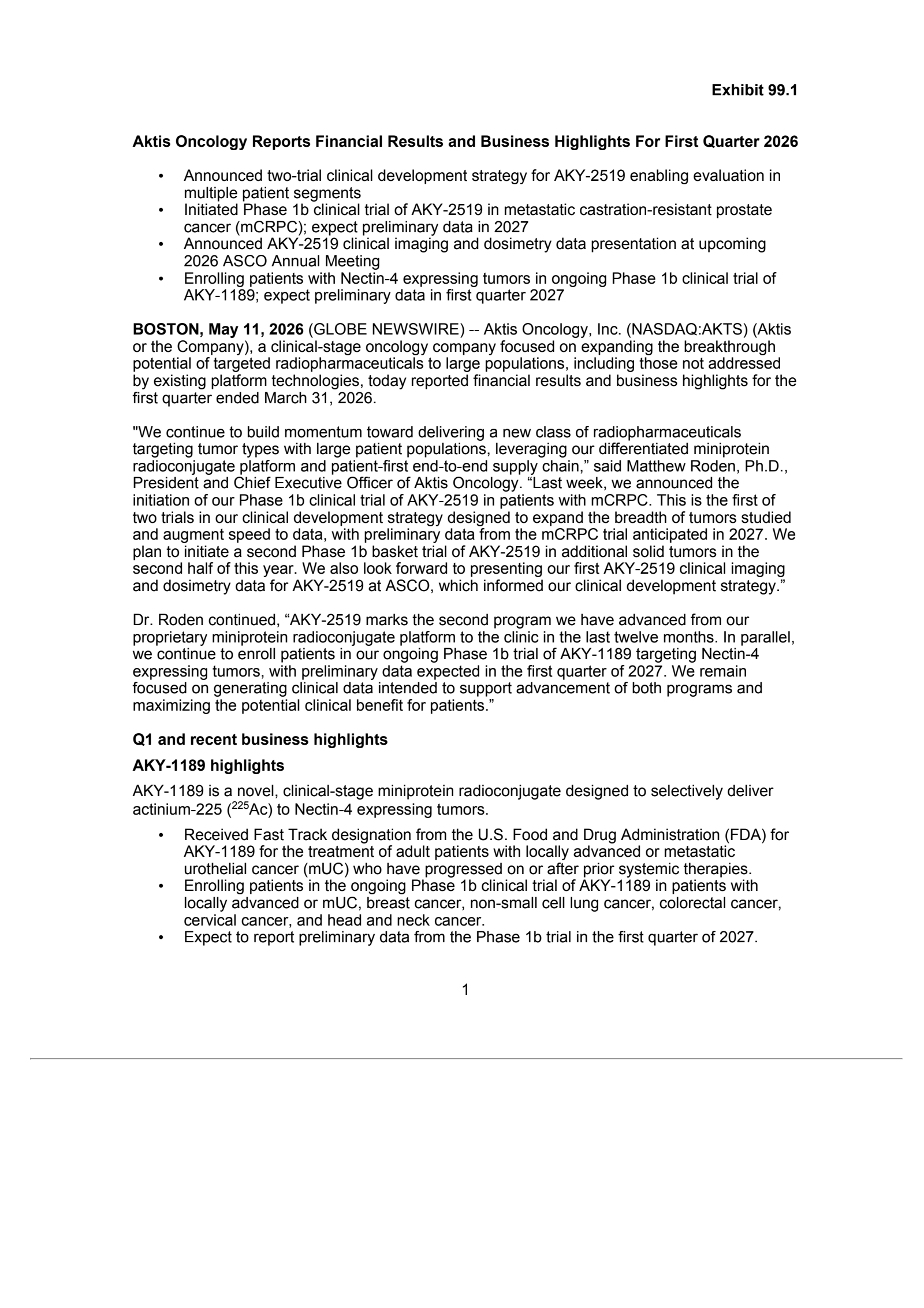 Aktis Oncology's Q1 2026 Press Release