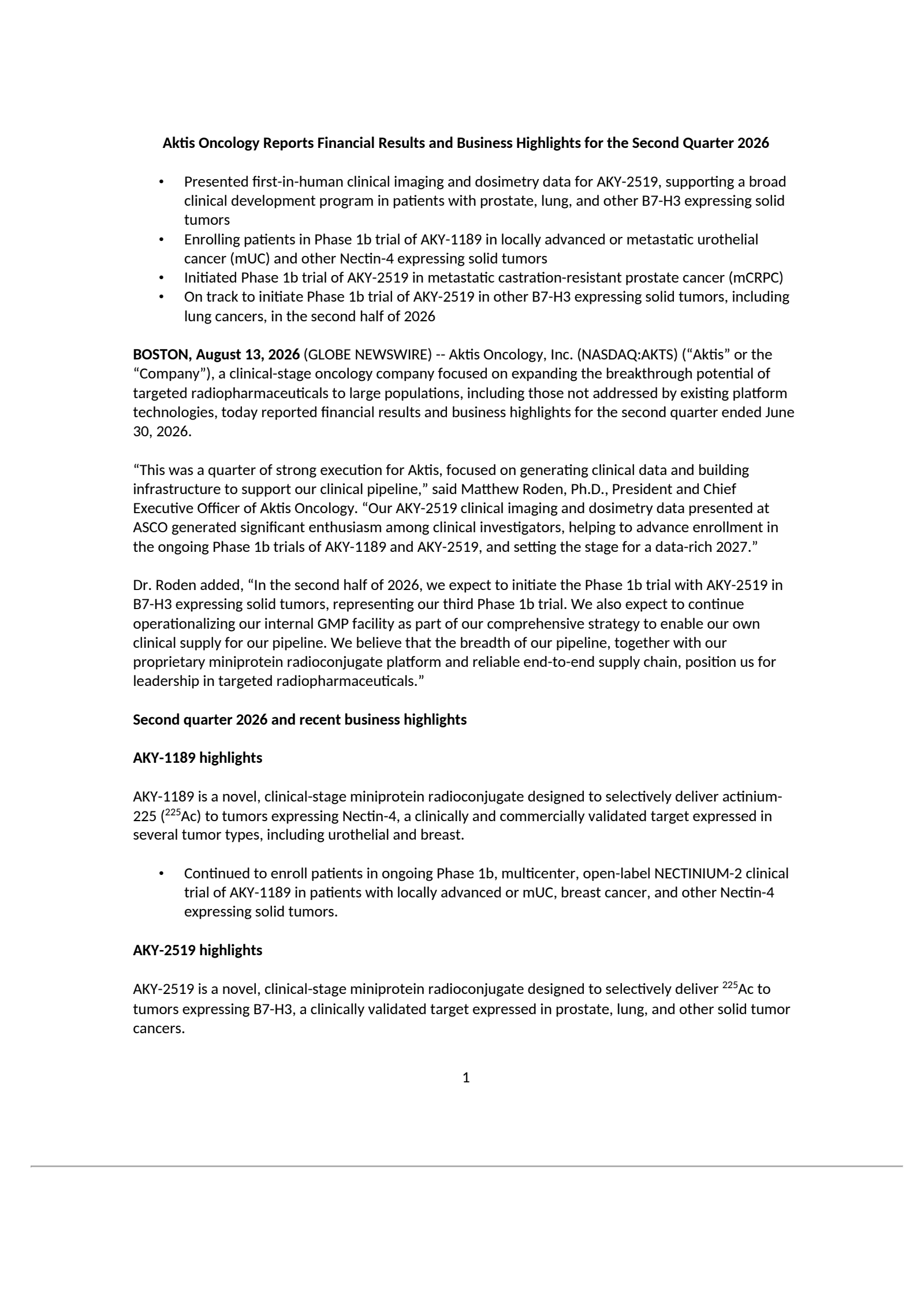 Aktis Oncology's Q2 2026 Press Release