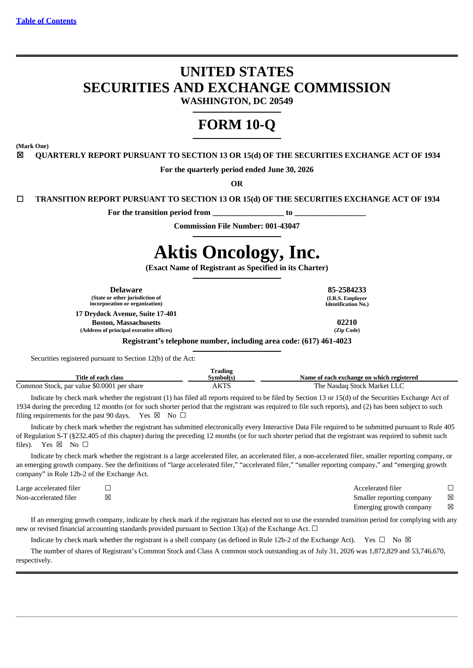 Aktis Oncology's Q2 2026 Quarterly report