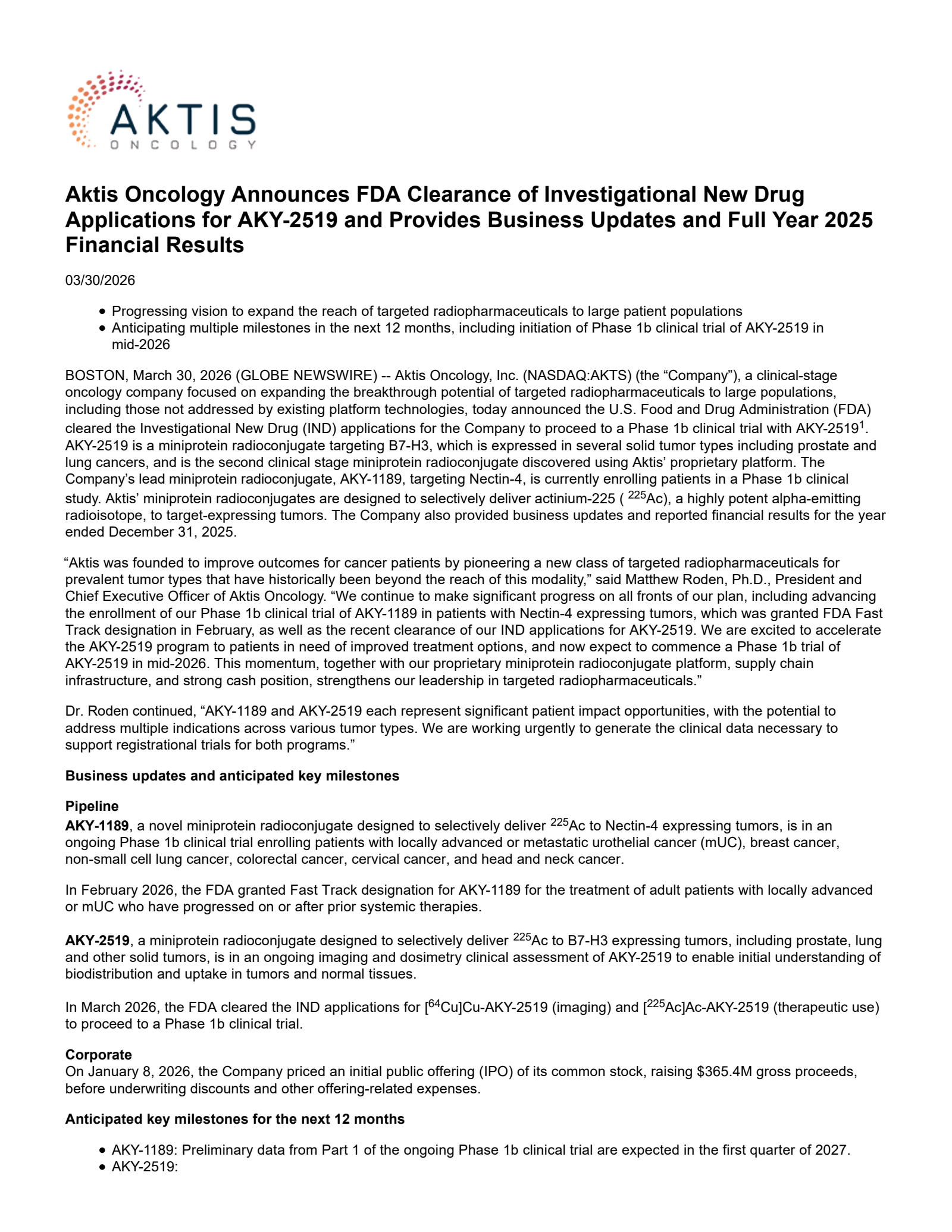 Aktis Oncology's Q4 2025 Press Release
