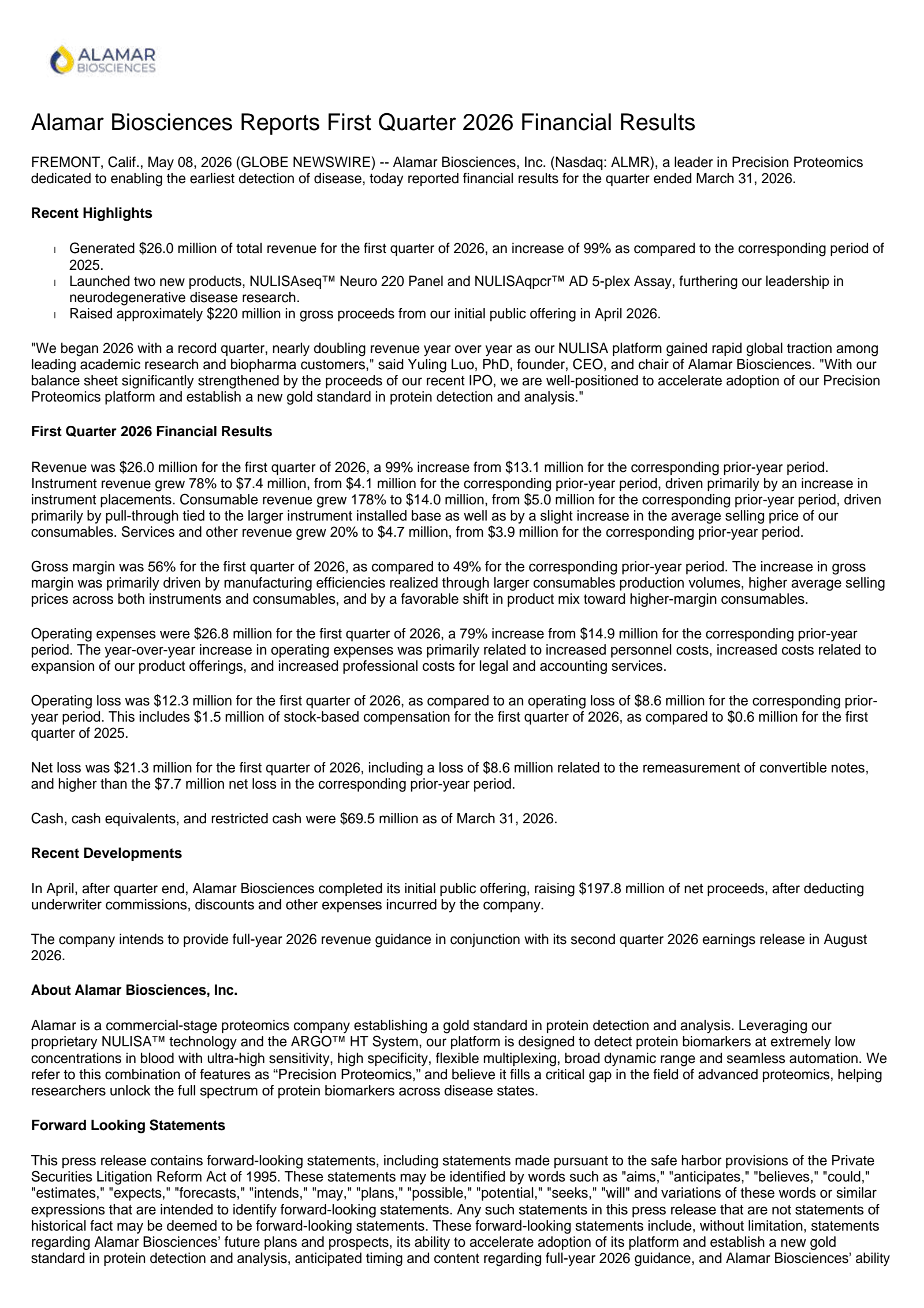 Alamar Biosciences' Q1 2026 Press Release