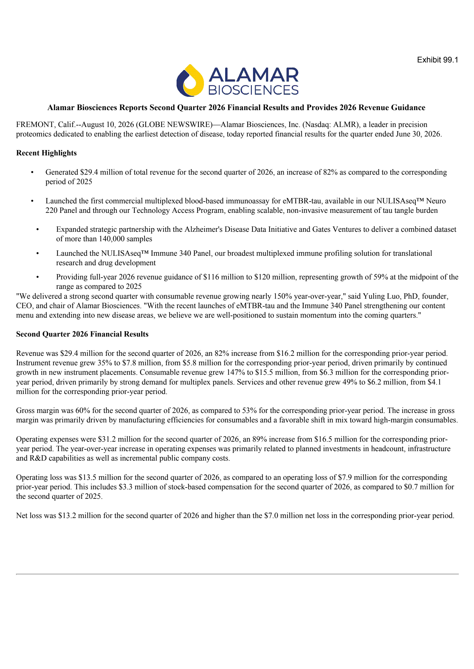 Alamar Biosciences' Q2 2026 Press Release