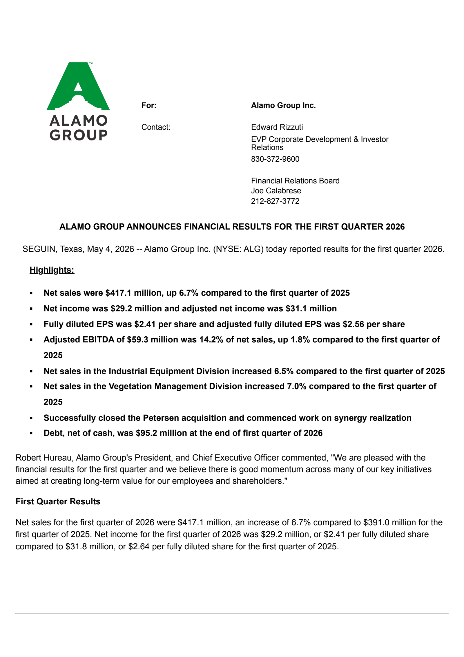 Alamo Group's Q1 2026 Press Release