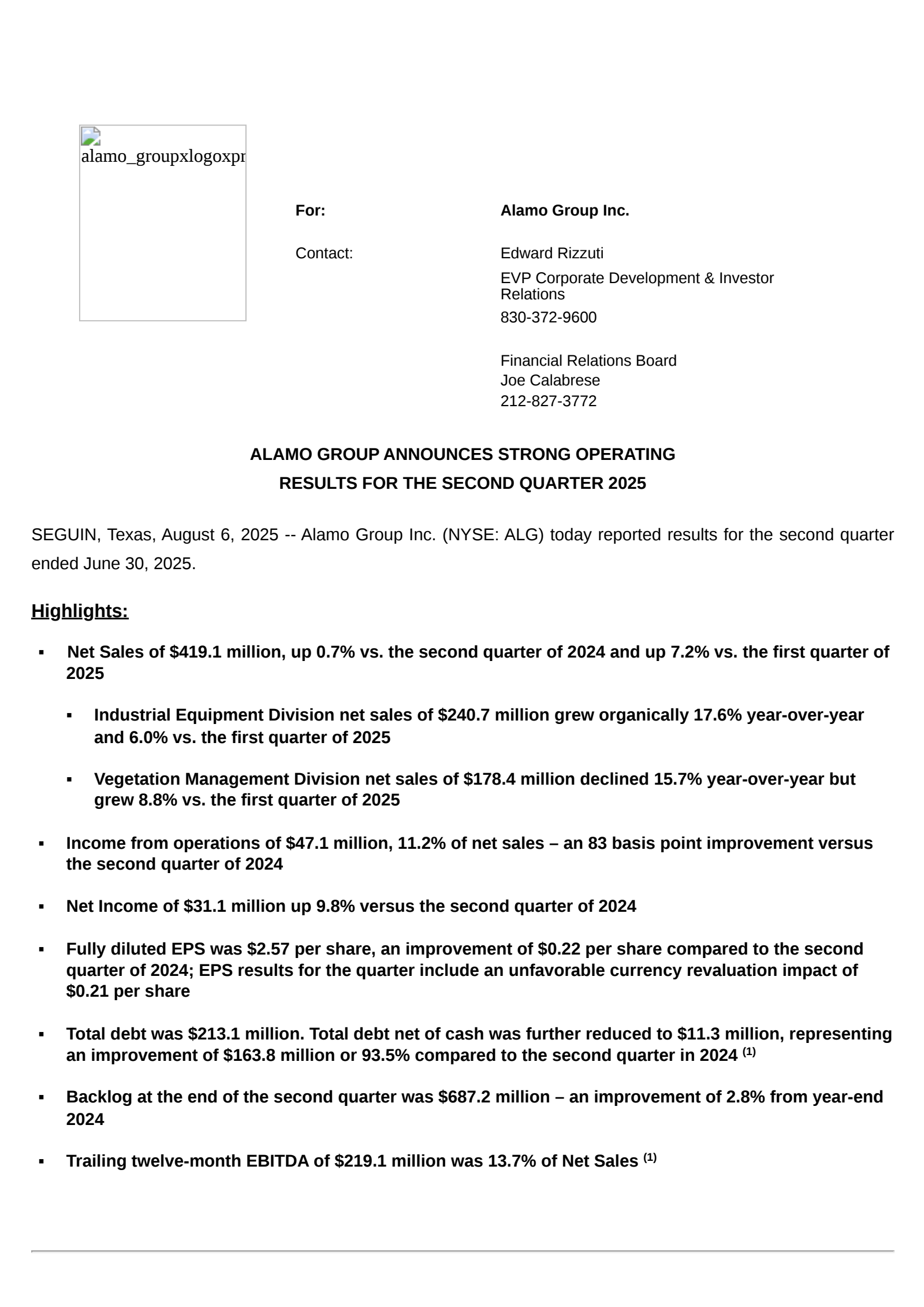 Alamo Group's Q2 2025 Press Release