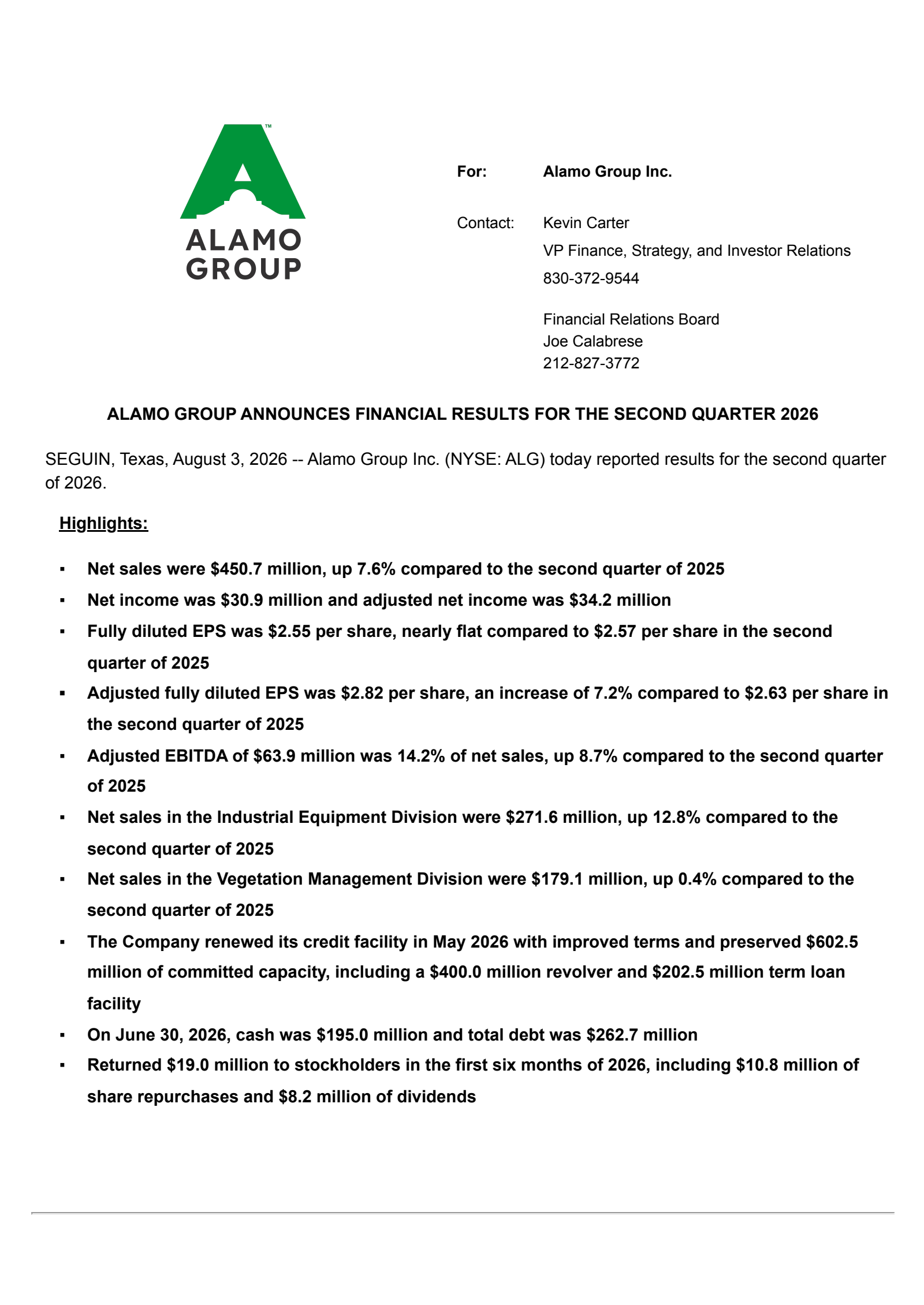 Alamo Group's Q2 2026 Press Release