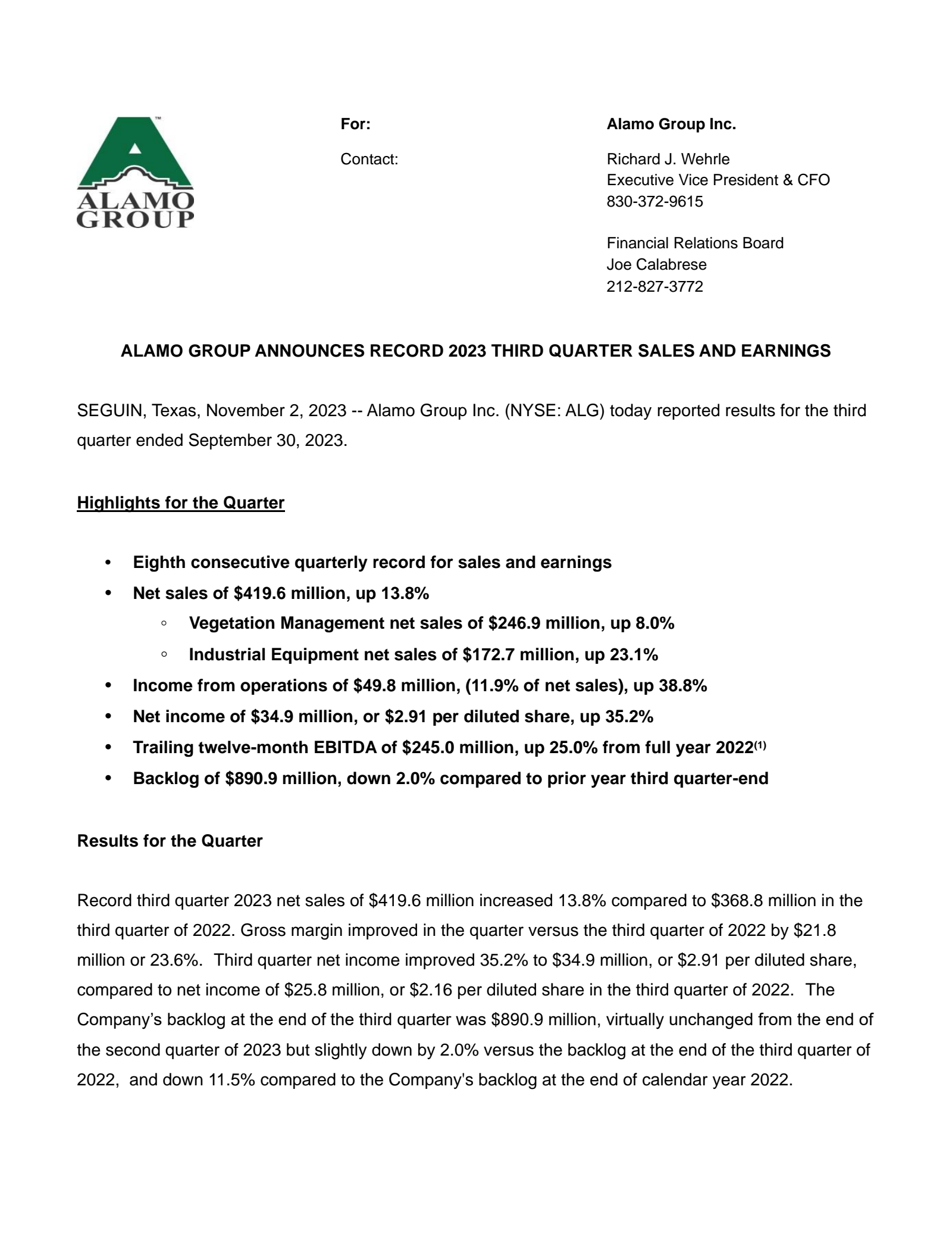 Alamo Group's Q3 2023 Press Release