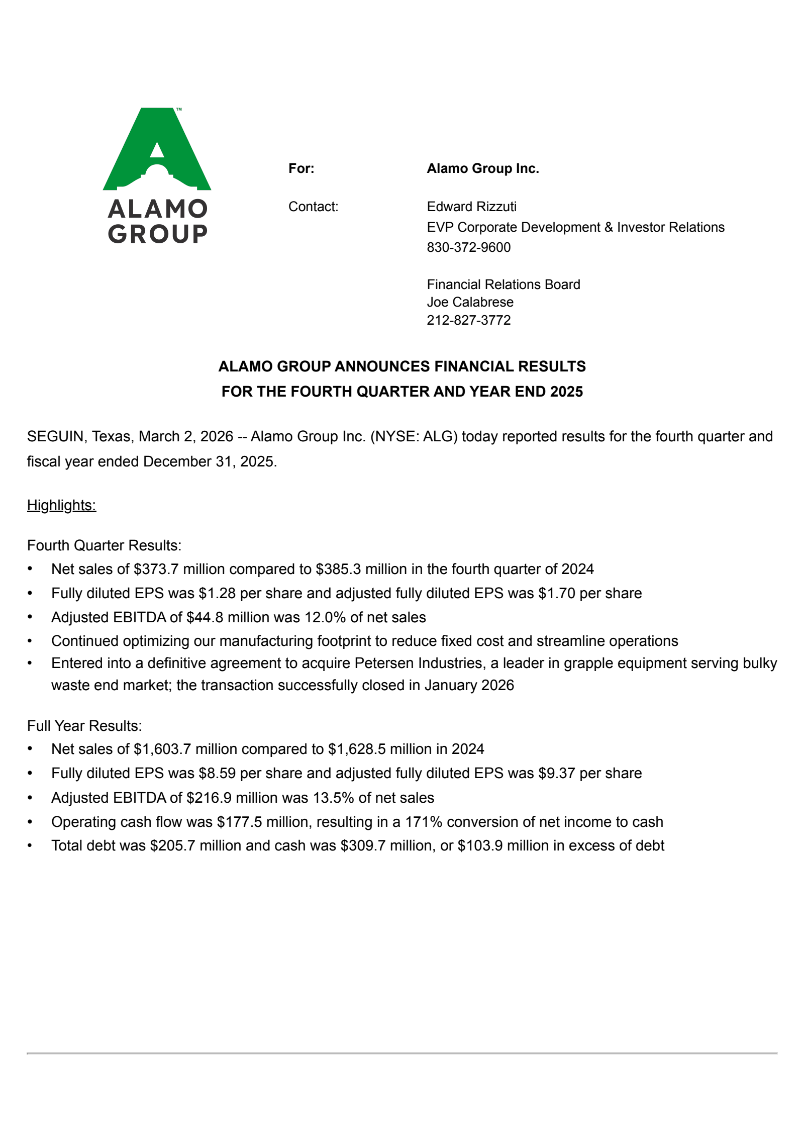 Alamo Group's Q4 2025 Press Release