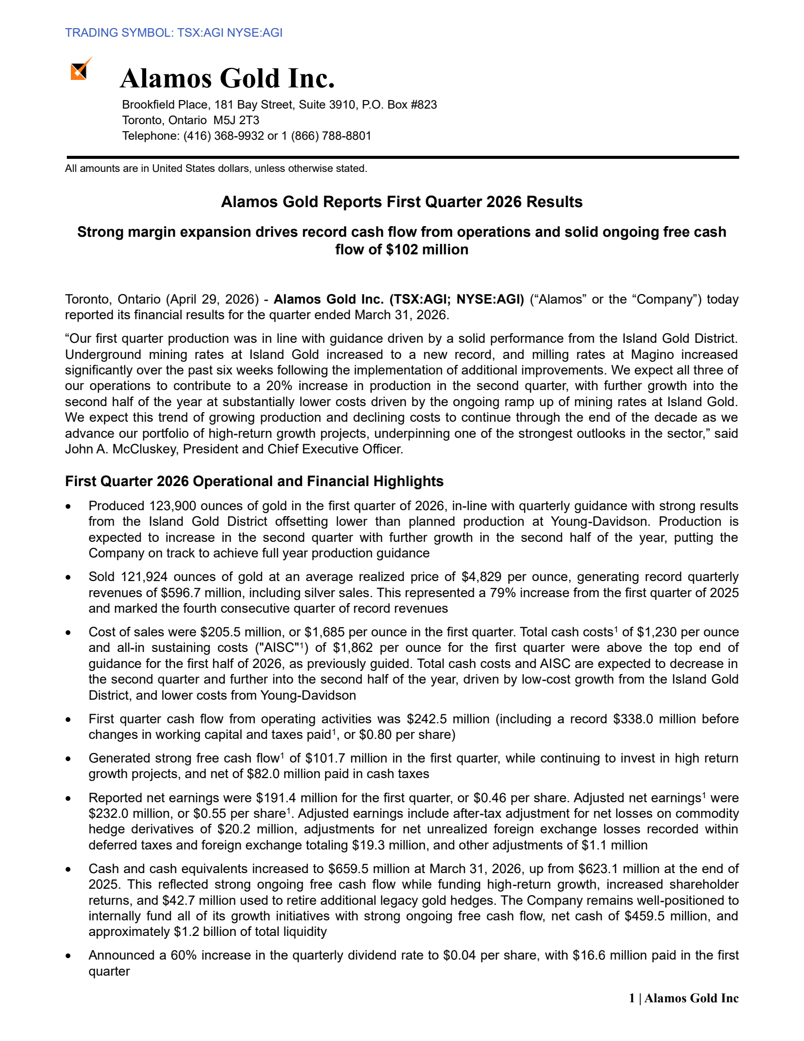 Alamos Gold's Q1 2026 Press Release
