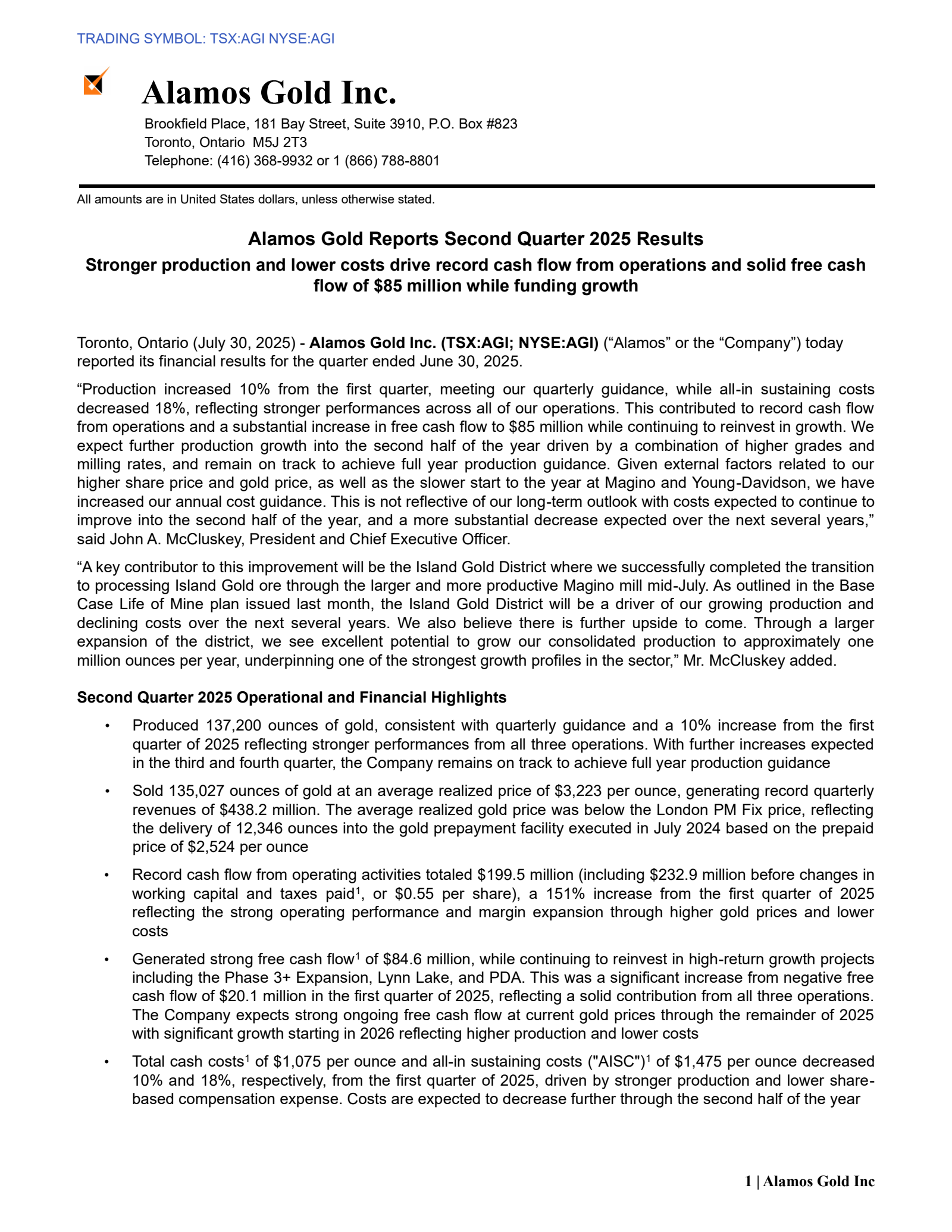 Alamos Gold's Q2 2025 Press Release