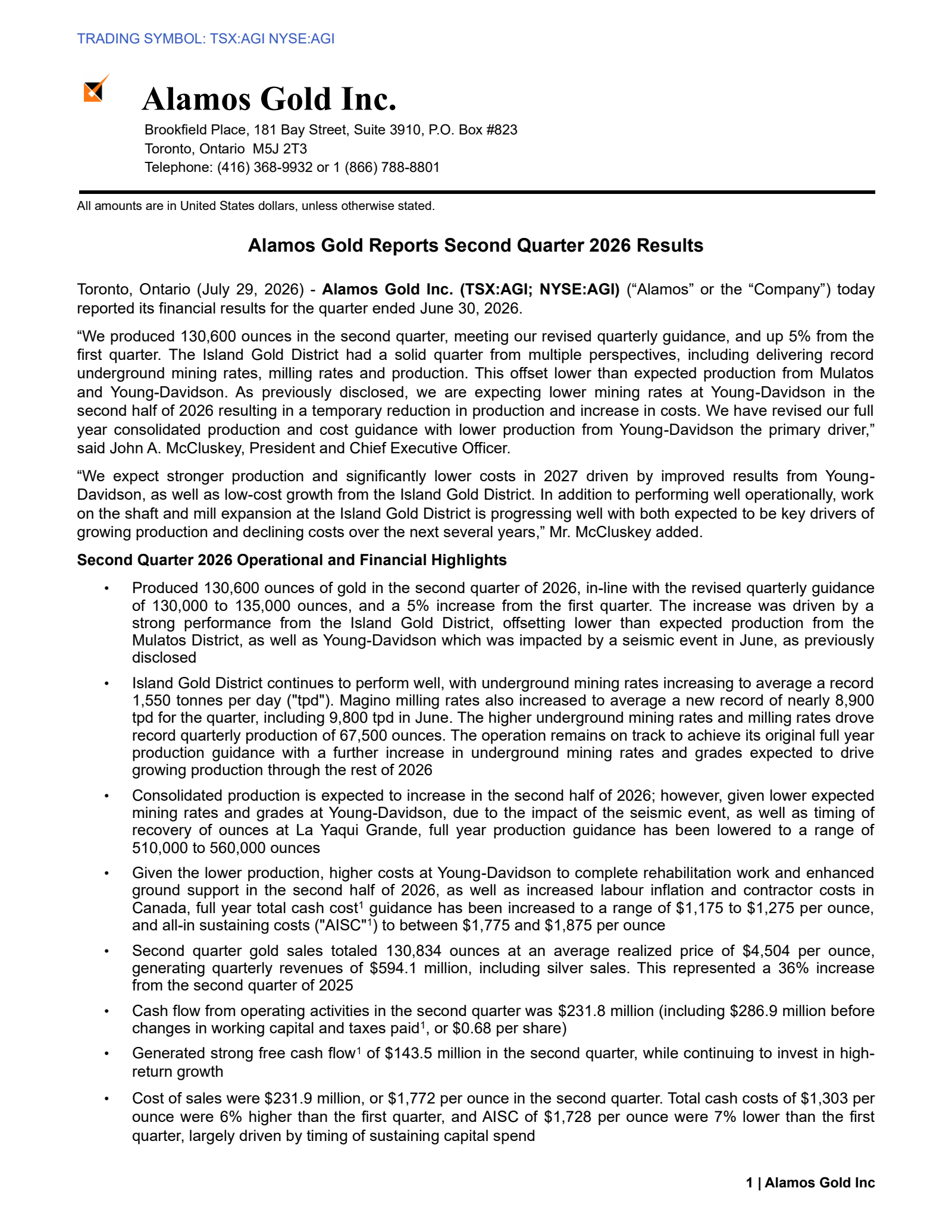 Alamos Gold's Q2 2026 Press Release
