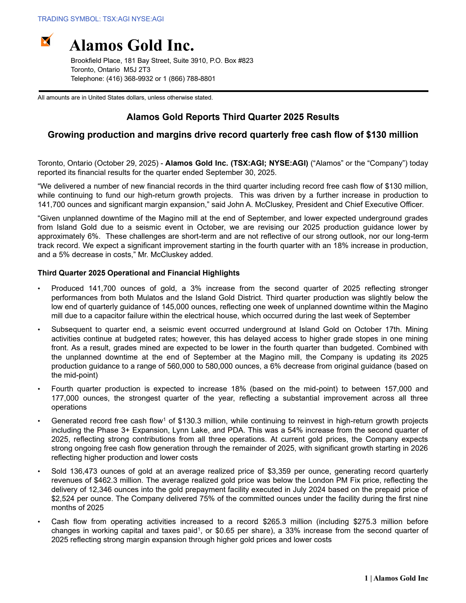 Alamos Gold's Q3 2025 Earnings Release