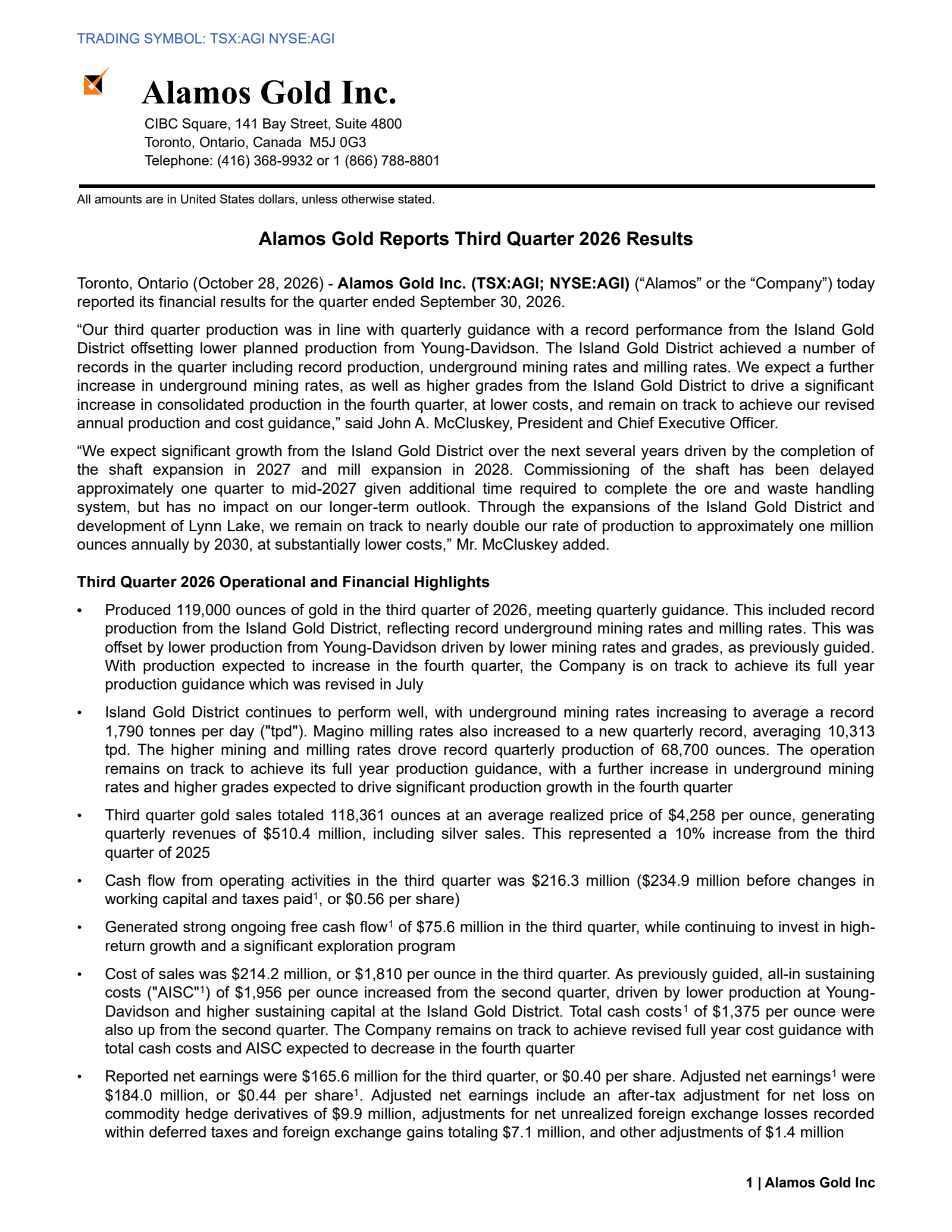 Alamos Gold's Q3 2026 Press Release