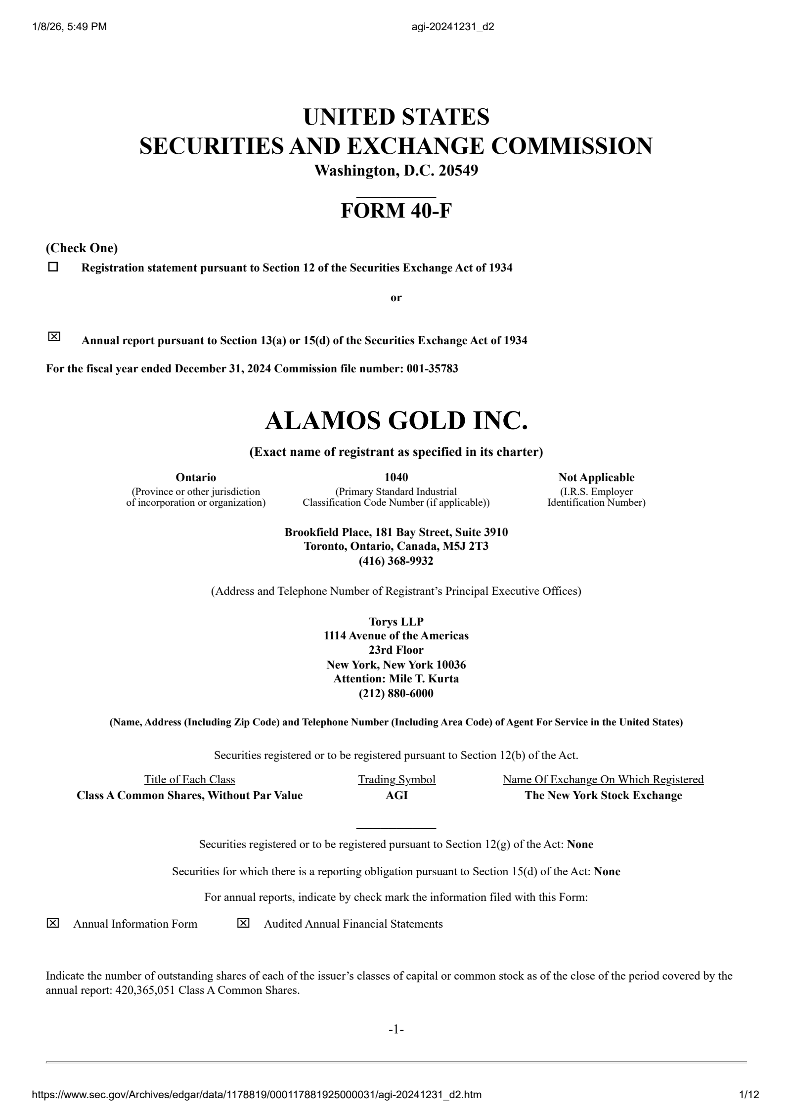 Alamos Gold's Q4 2024 Annual Report