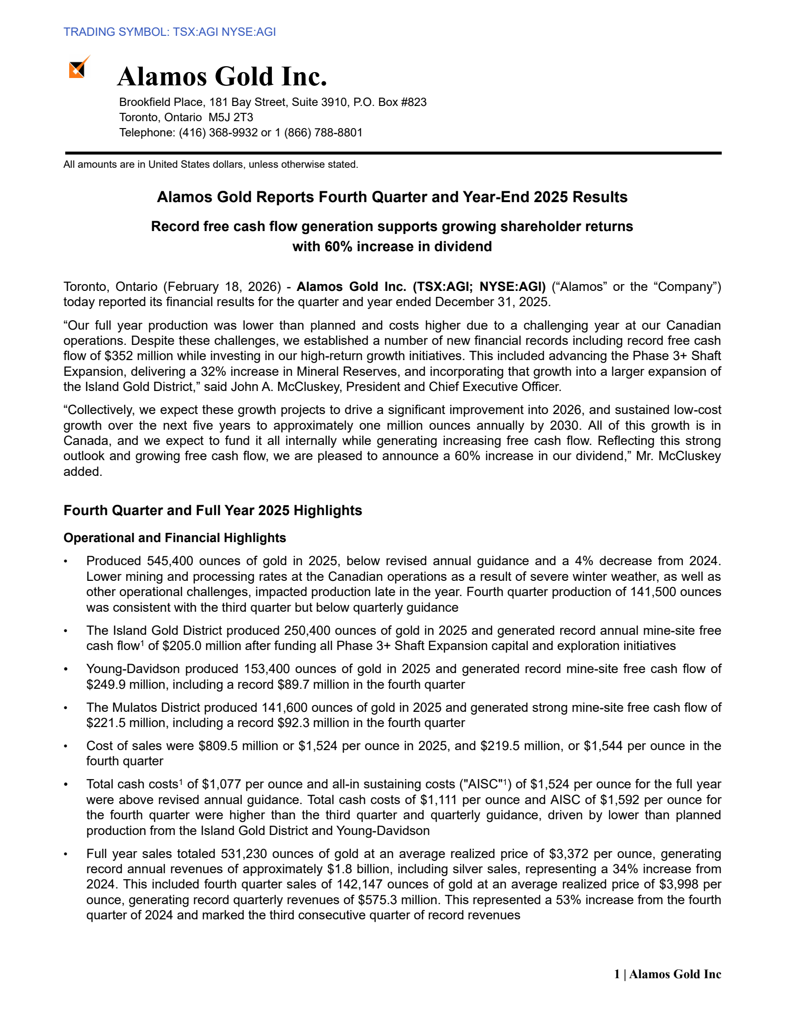 Alamos Gold's Q4 2025 Press Release