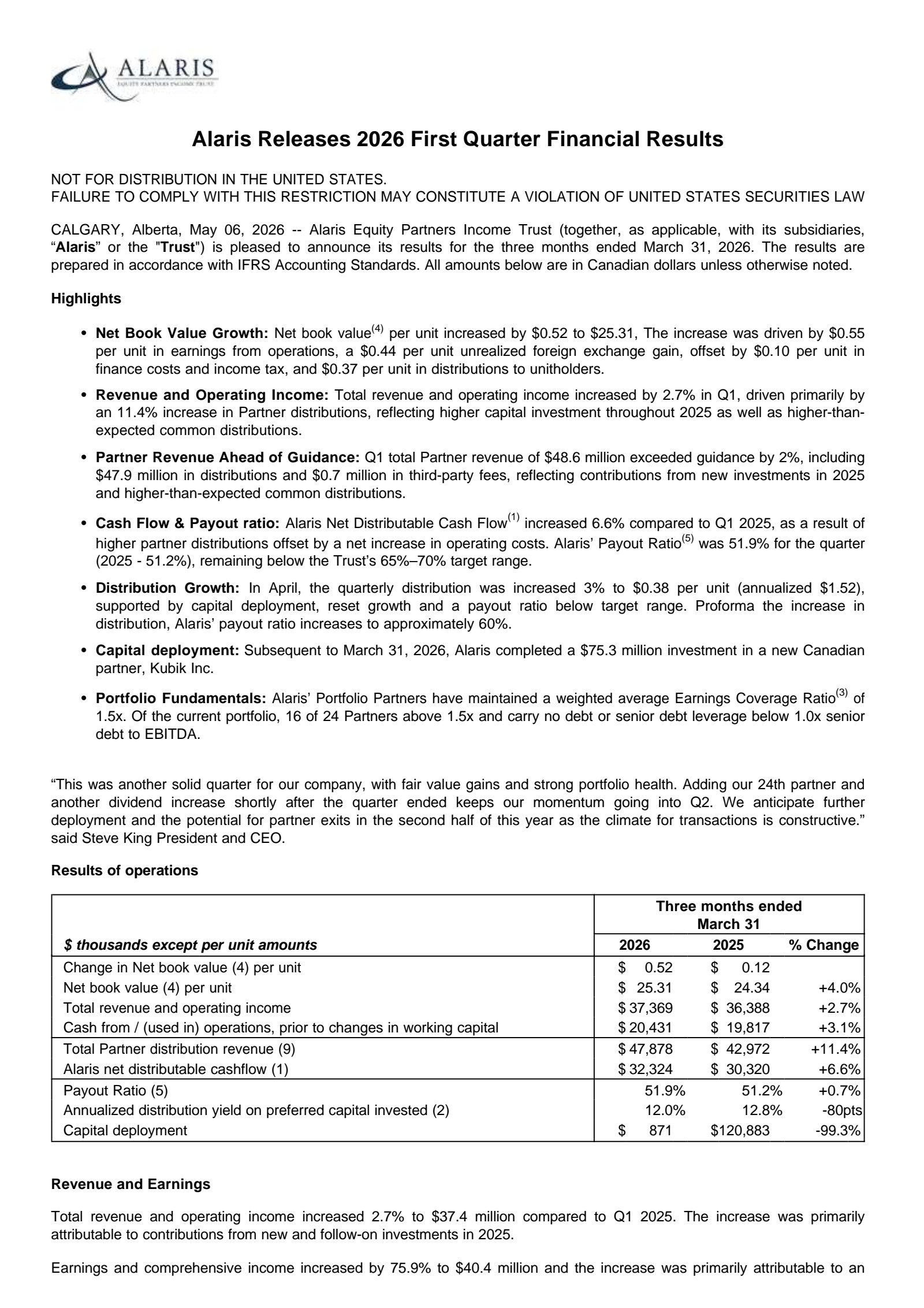 Alaris Equity Partners Income Trust (AD.UN)'s Q1 2026 Press Release