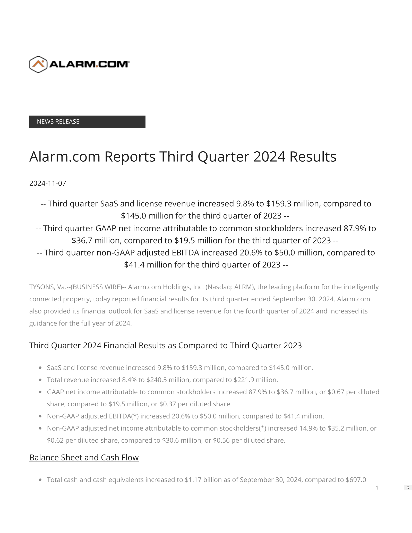 Alarm.com's Q3 2024 Press Release