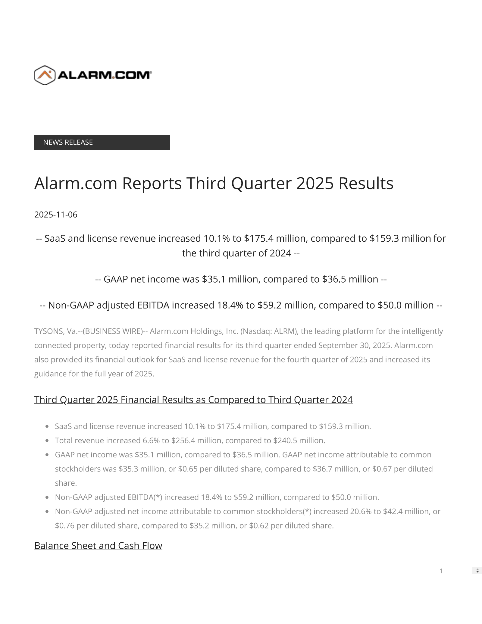 Alarm.com's Q3 2025 Earnings Release