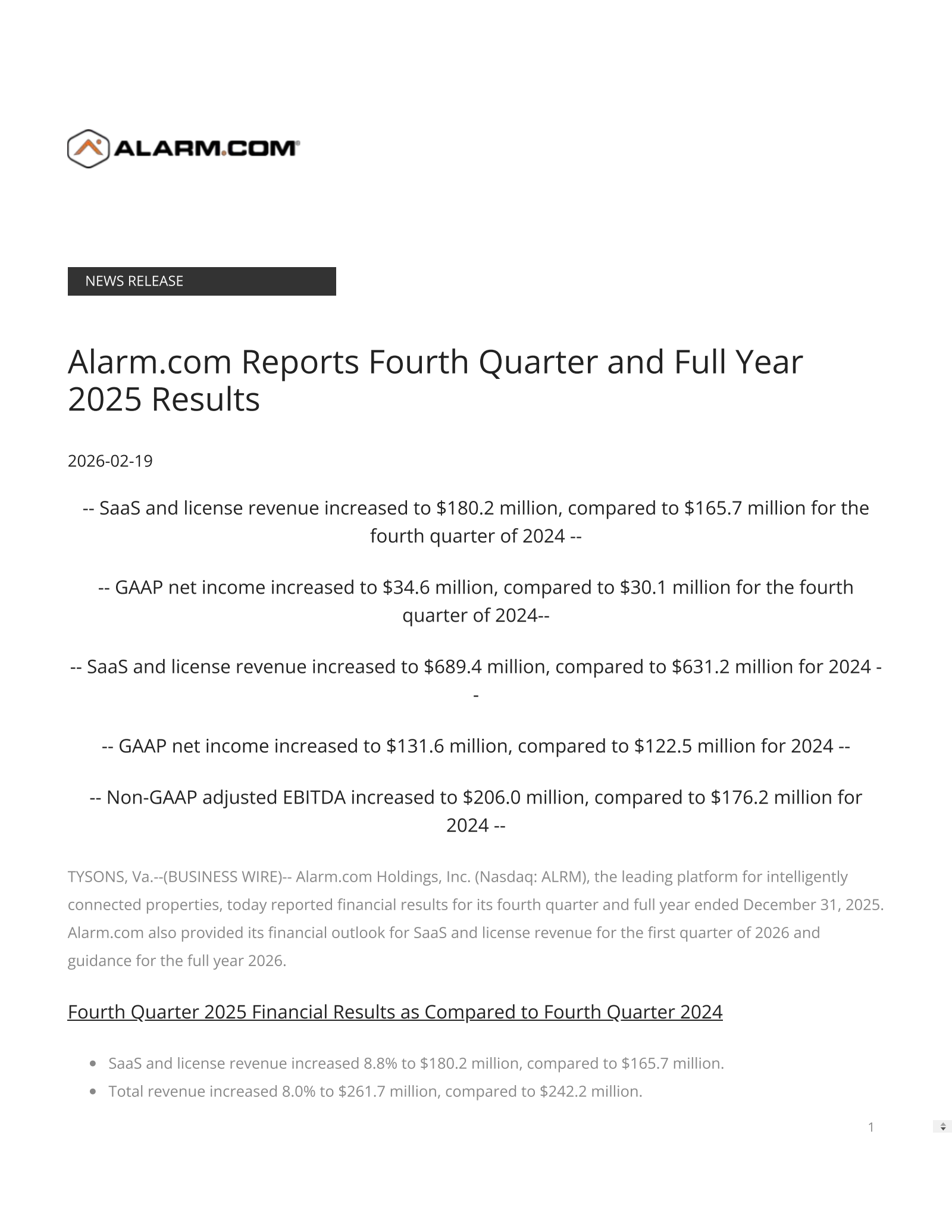 Alarm.com's Q4 2025 Press Release