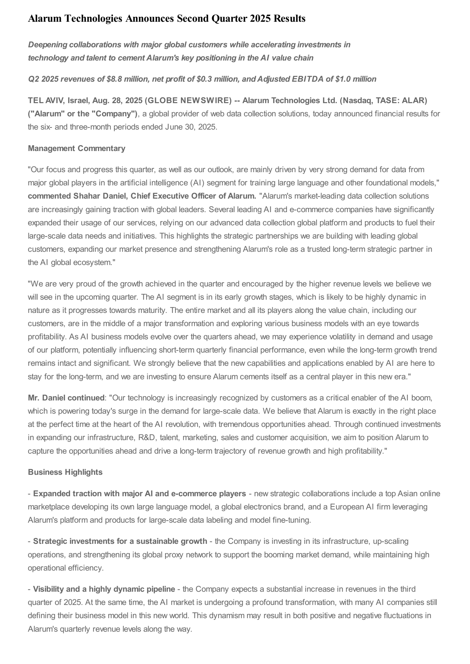 Alarum Technologies' Q2 2025 Interim report
