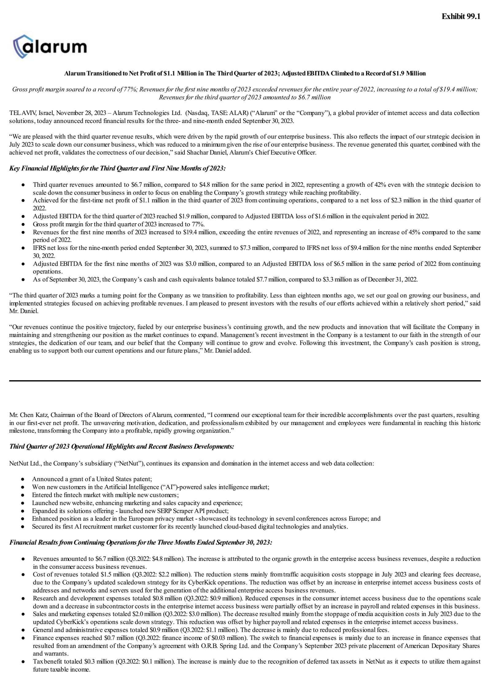 Alarum Technologies' Q3 2023 Interim report