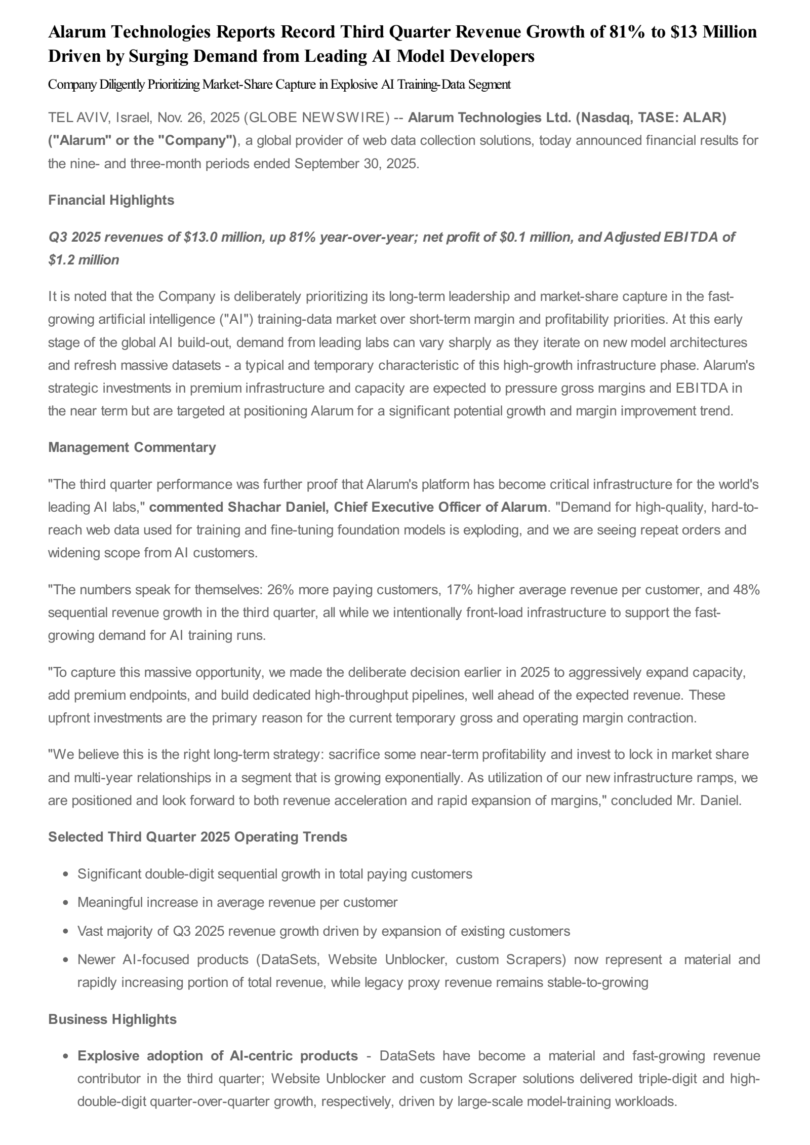 Alarum Technologies' Q3 2025 Interim Report