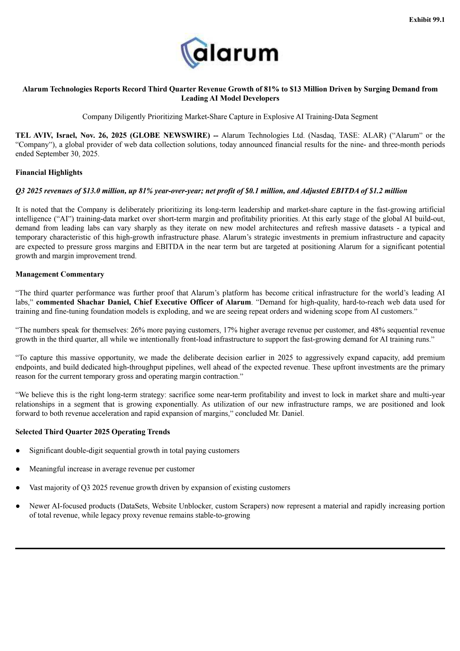 Alarum Technologies' Q3 2025 Earnings Release
