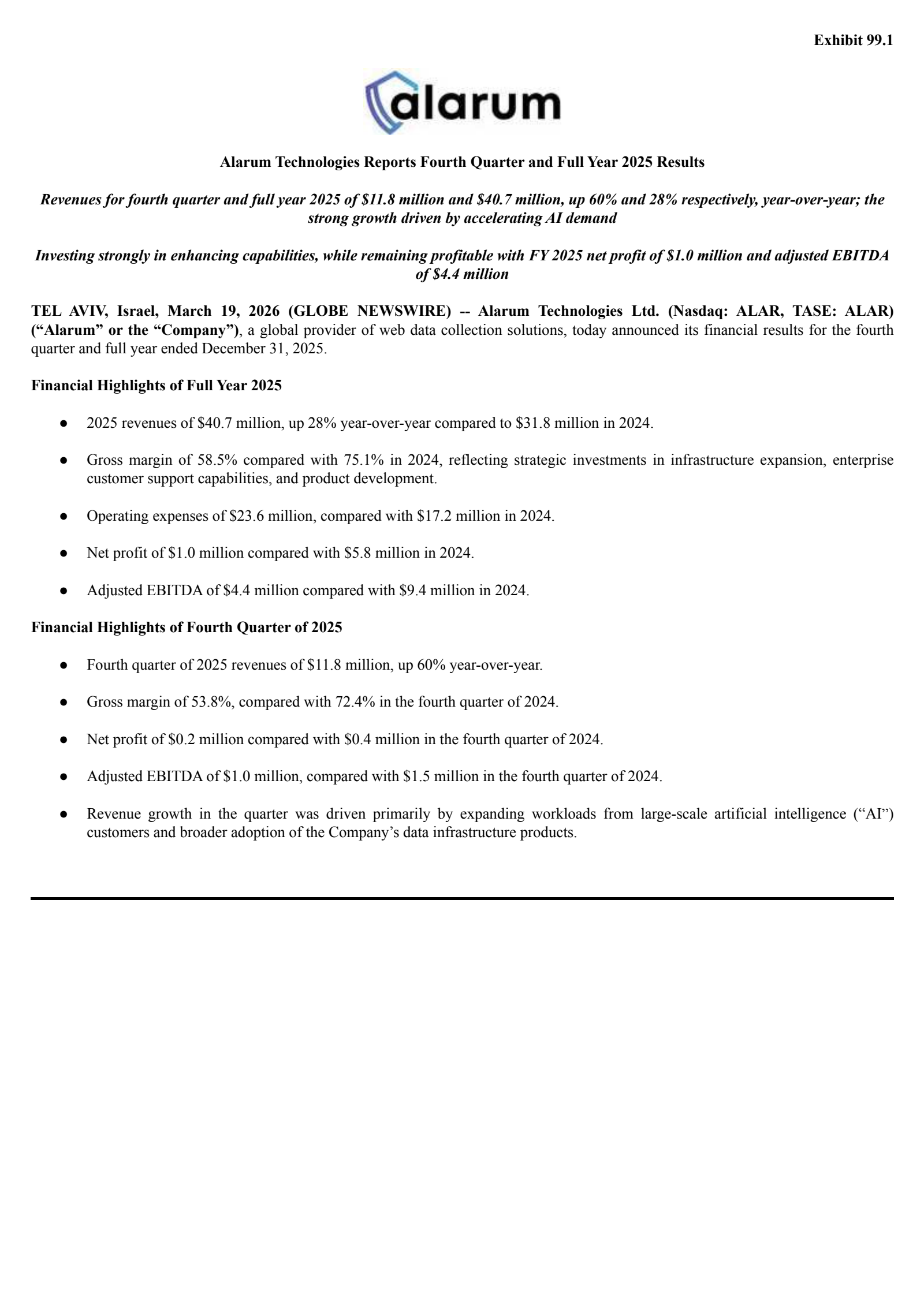 Alarum Technologies' Q4 2025 Press Release