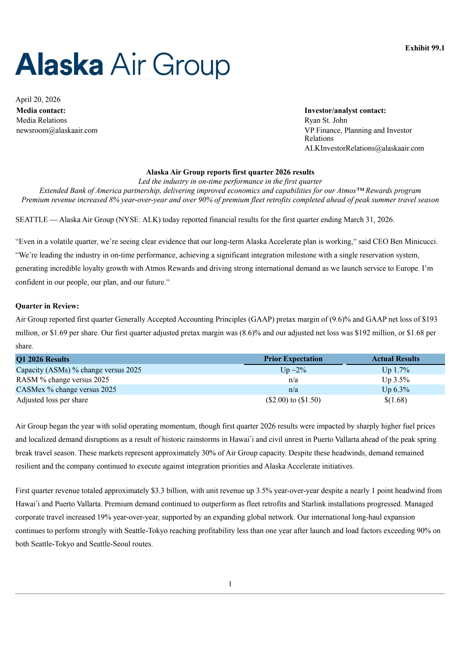 Alaska Air Group's Q1 2026 Press Release