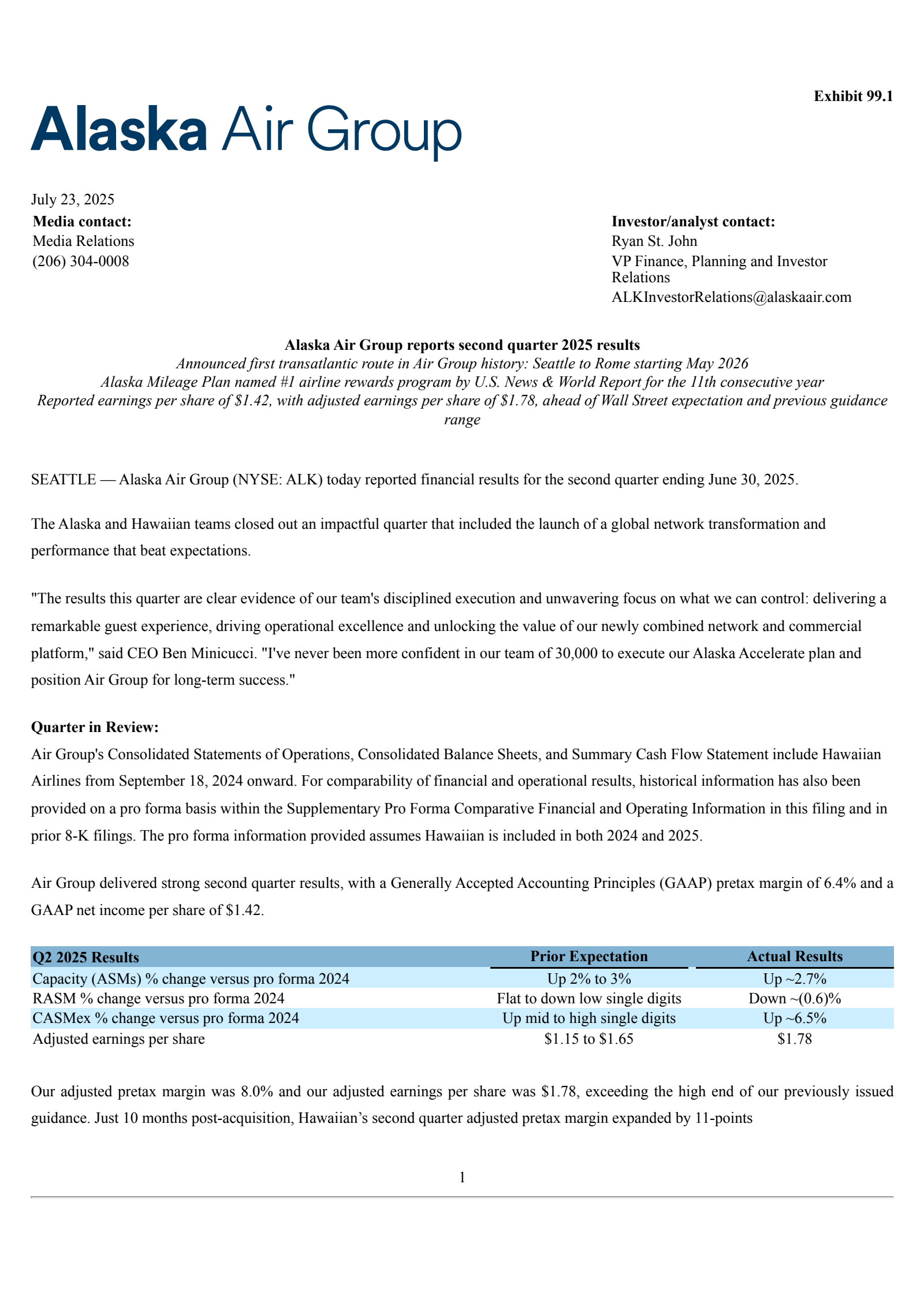Alaska Air Group's Q2 2025 Press Release