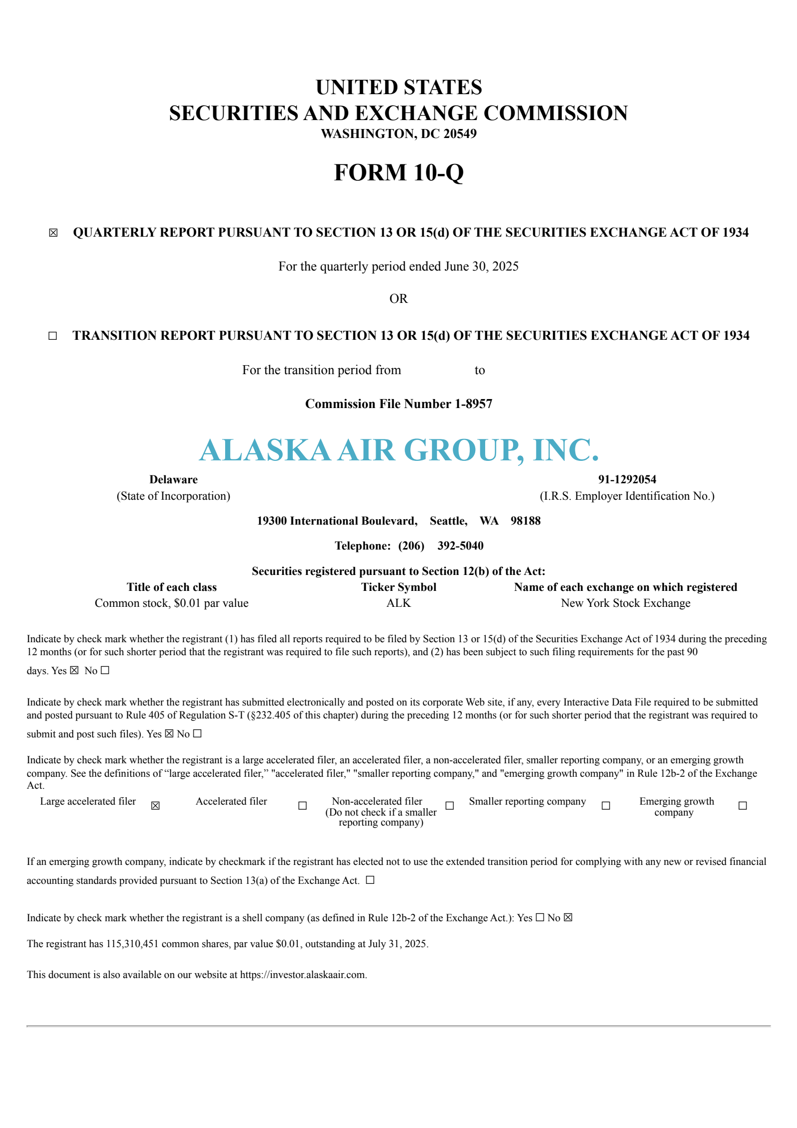 Alaska Air Group's Q2 2025 Quarterly report