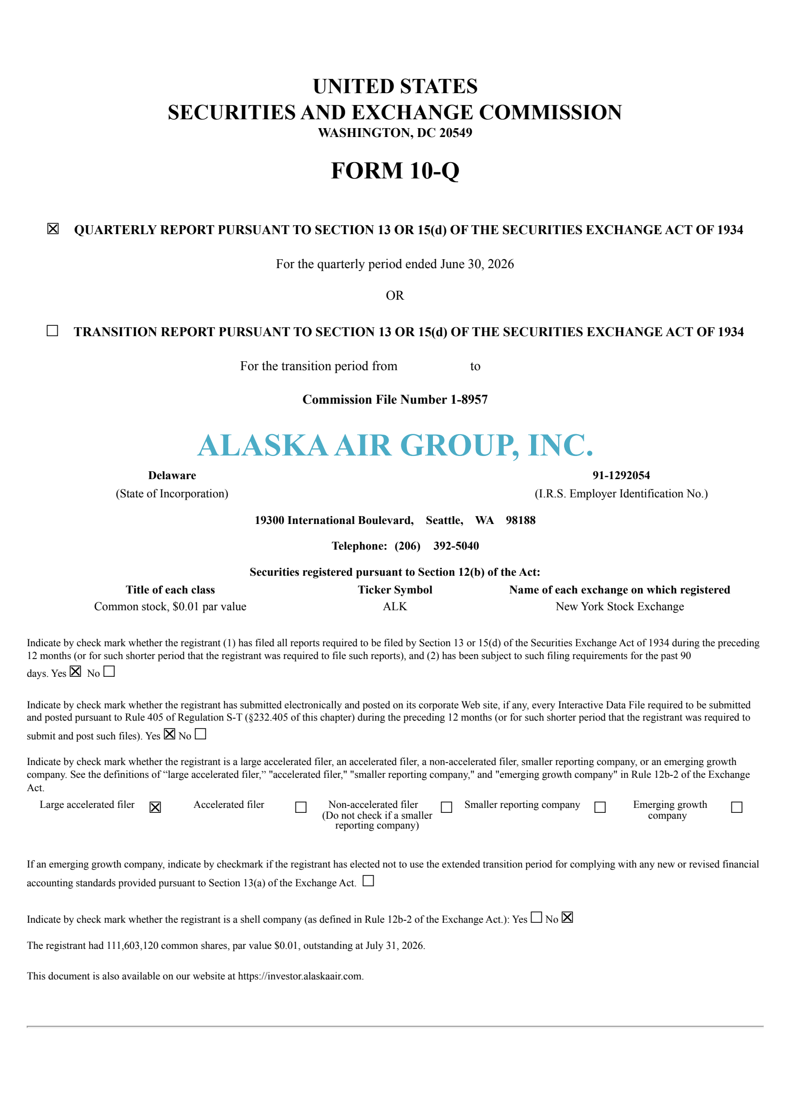 Alaska Air Group's Q2 2026 Quarterly report