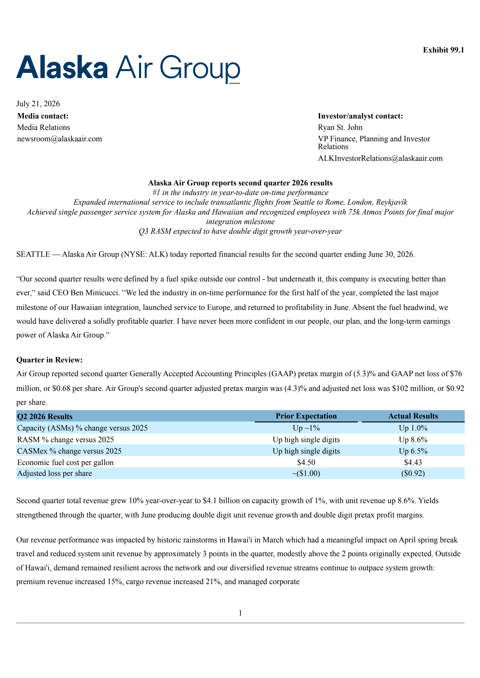 Alaska Air Group's Q2 2026 Press Release