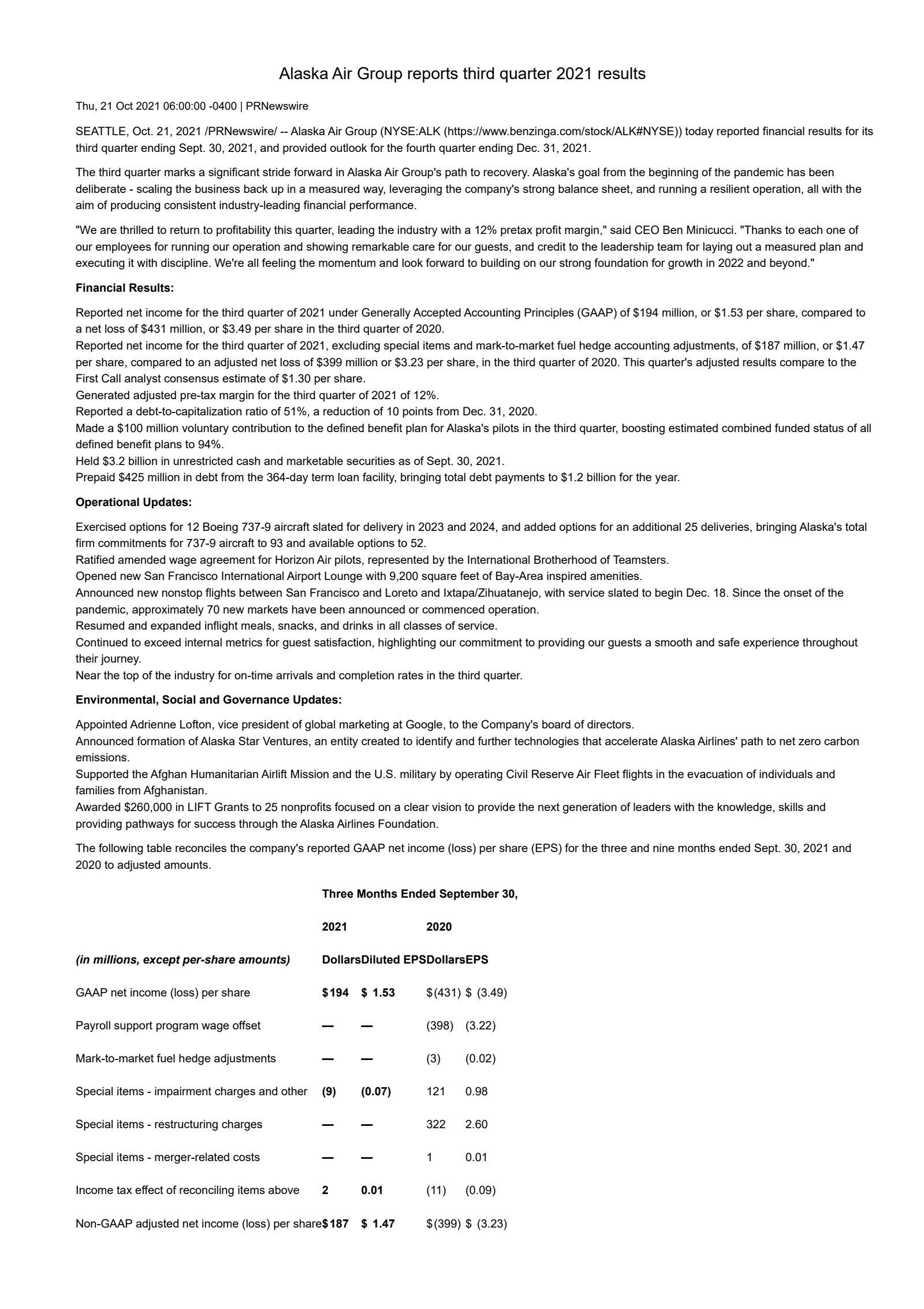 Alaska Air Group's Q3 2021 Earnings Release