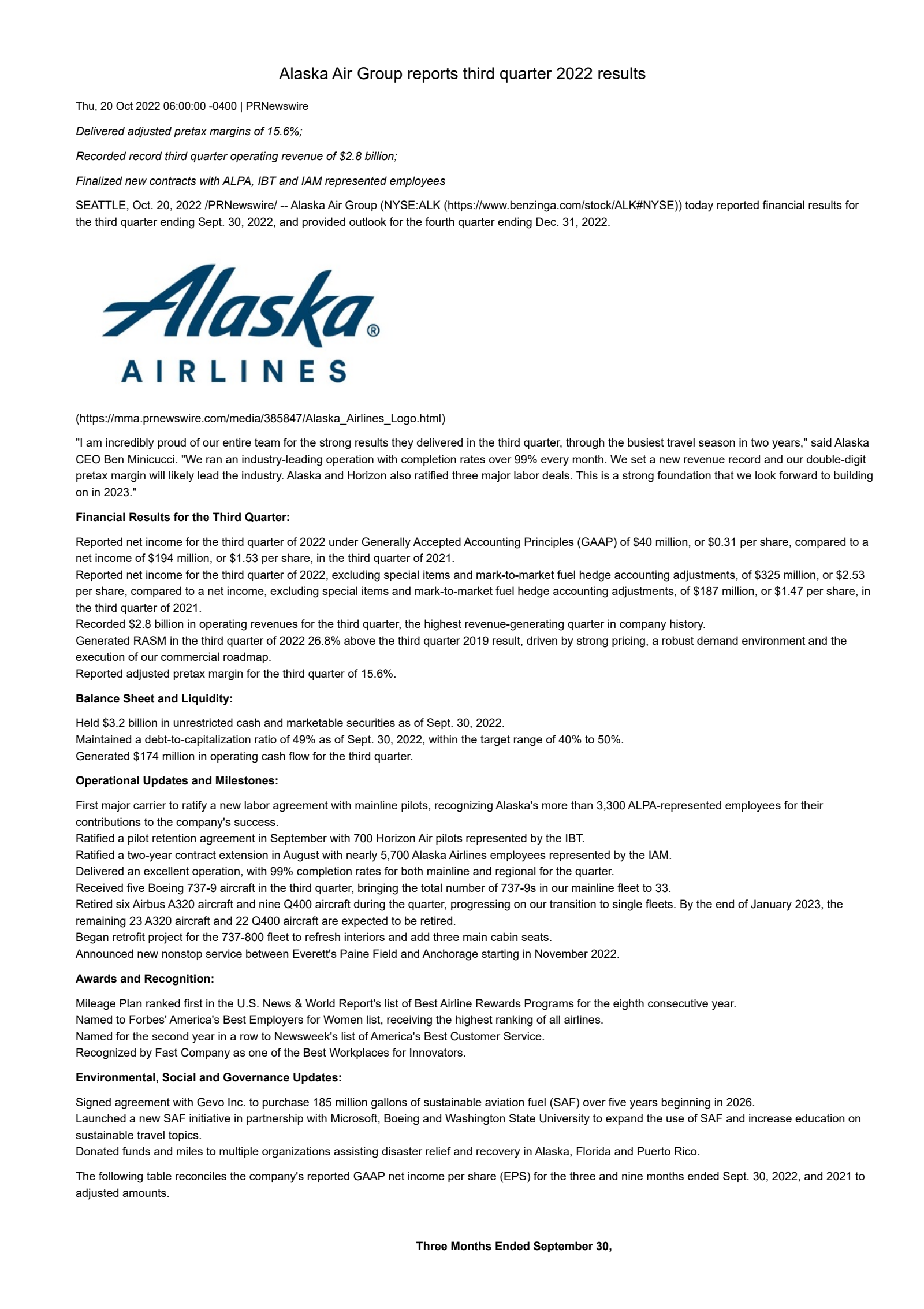 Alaska Air Group's Q3 2022 Earnings Release