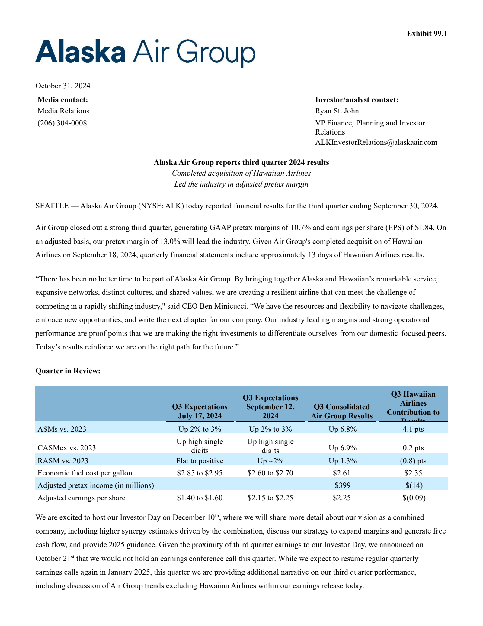 Alaska Air Group's Q3 2024 Earnings Release