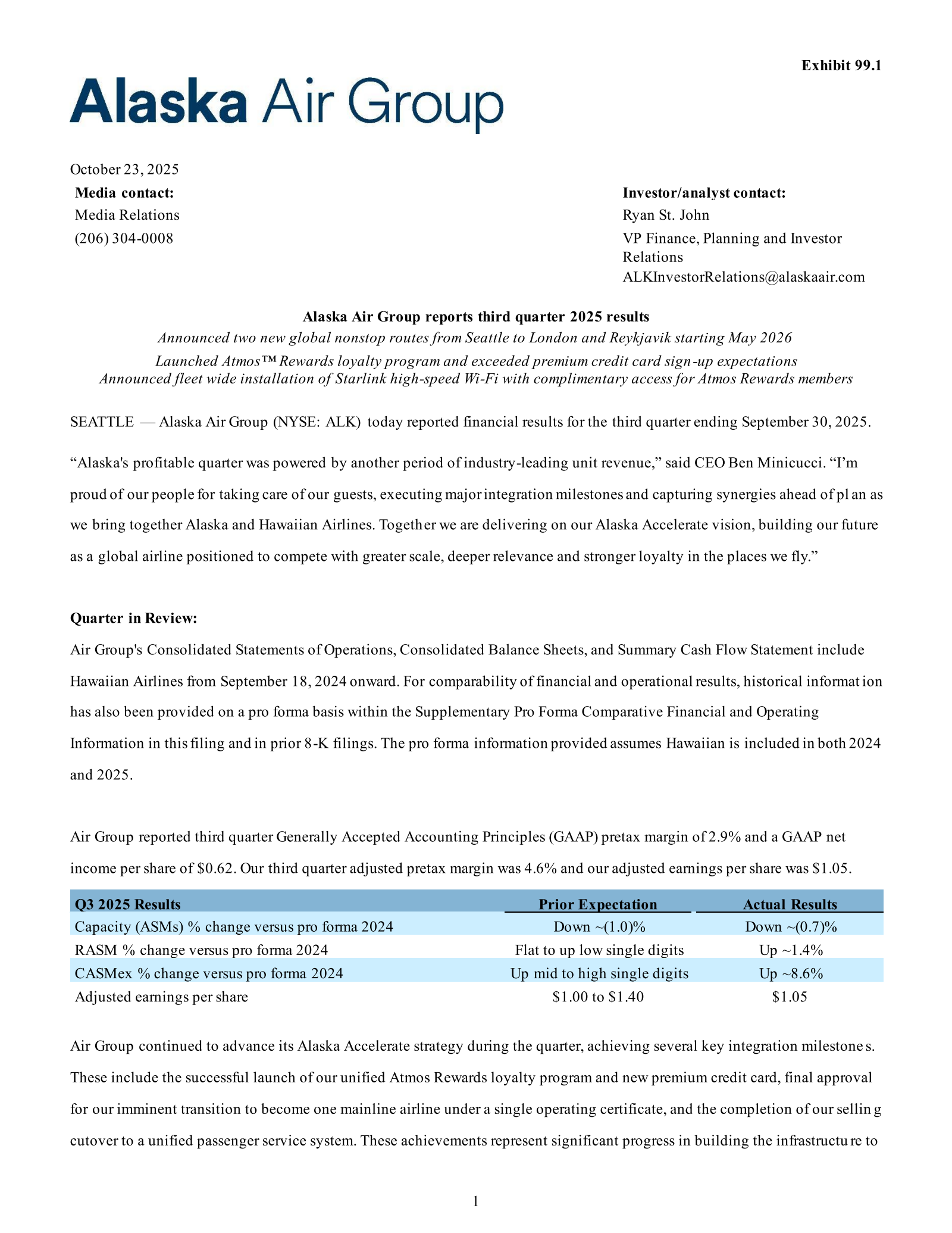 Alaska Air Group's Q3 2025 Earnings Release