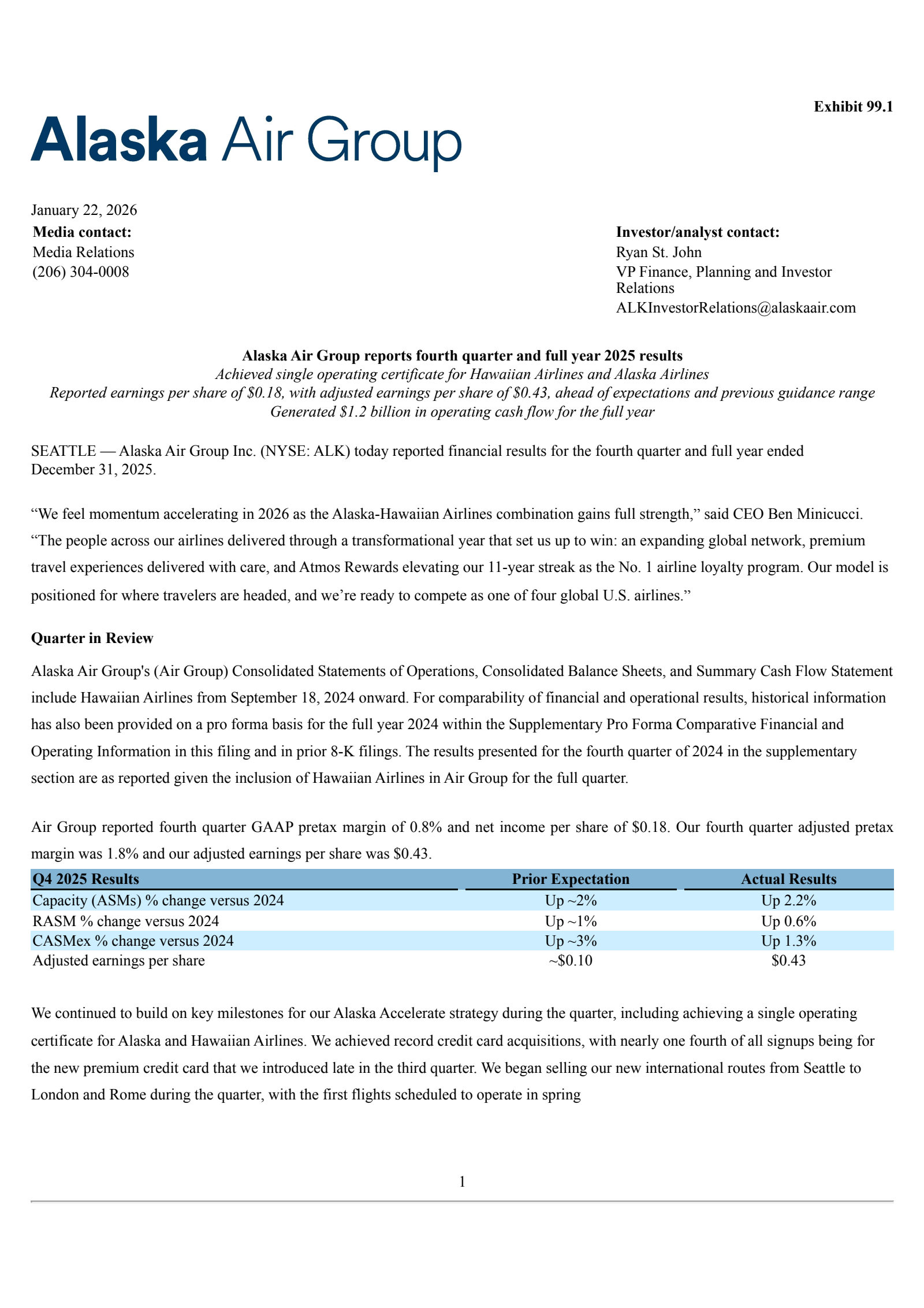 Alaska Air Group's Q4 2025 Press Release