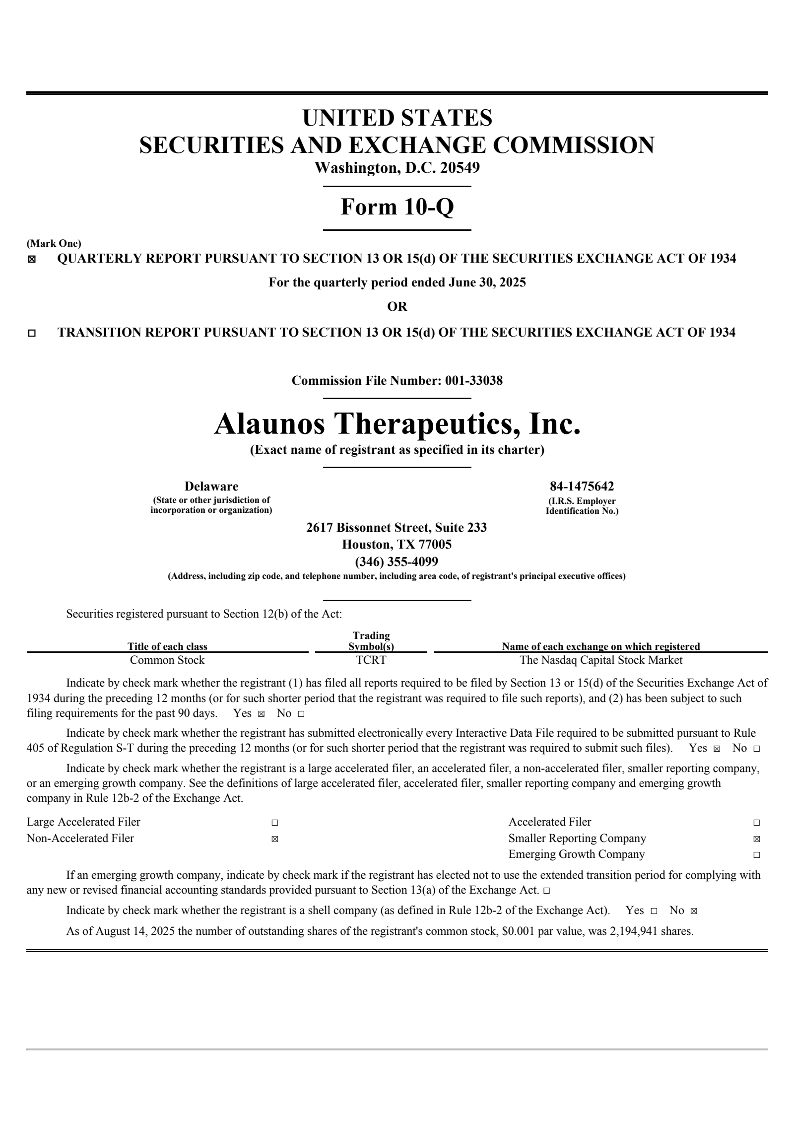 Alaunos Therapeutics' Q2 2025 Quarterly report