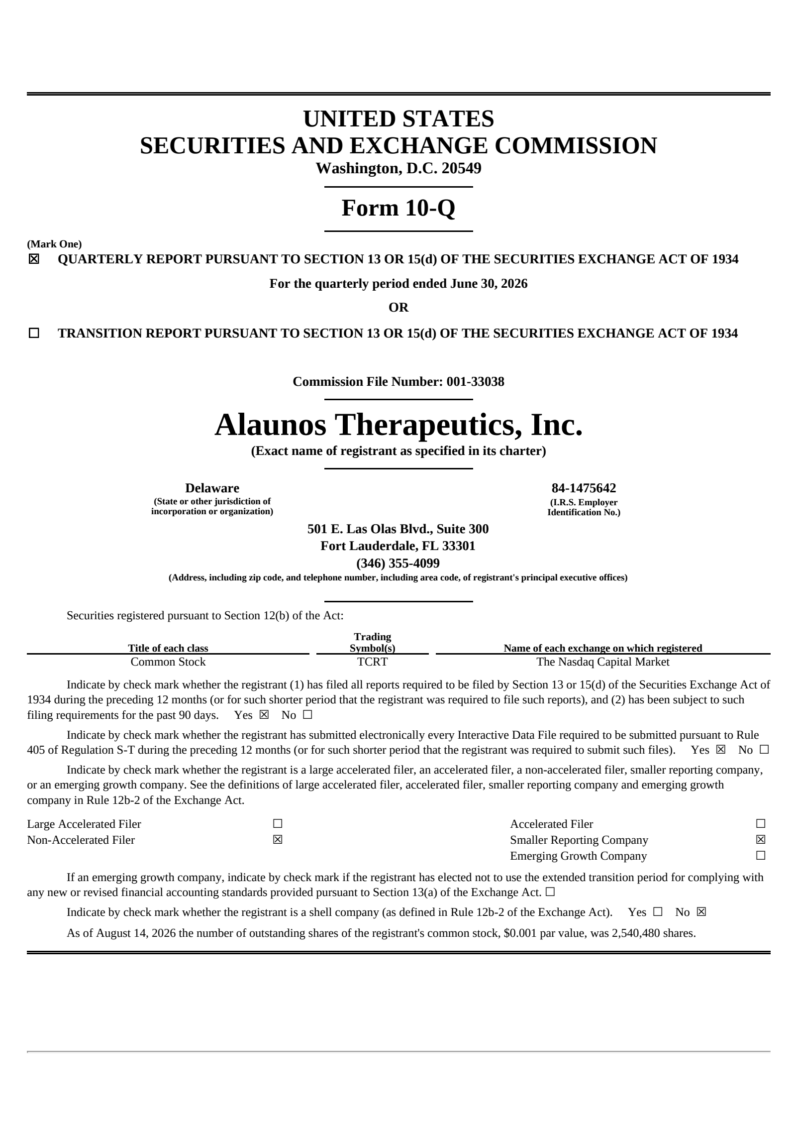 Alaunos Therapeutics' Q2 2026 Quarterly report