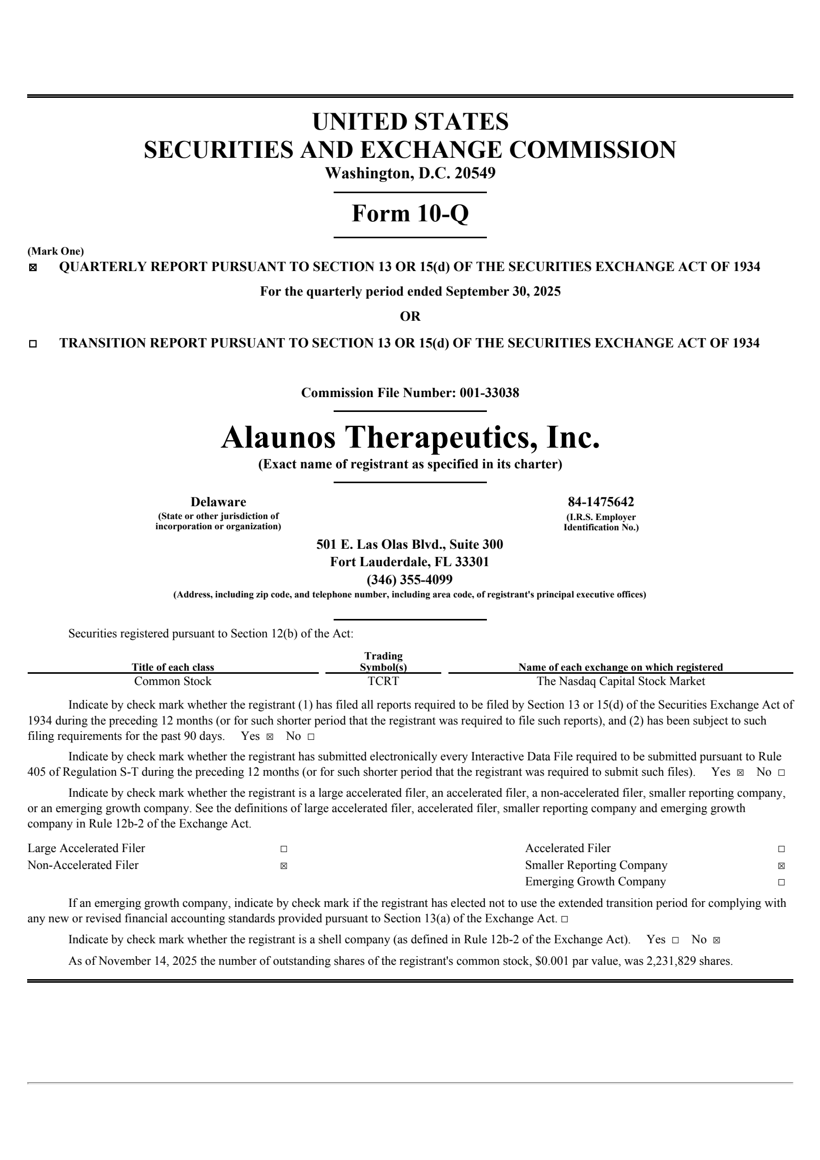 Alaunos Therapeutics' Q3 2025 Quarterly Report
