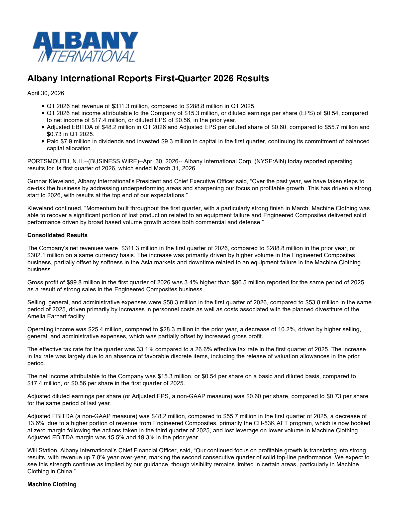 Albany International's Q1 2026 Press Release