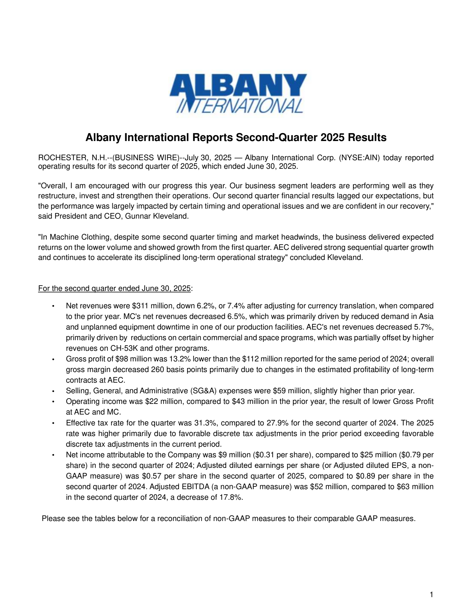 Albany International's Q2 2025 Press Release